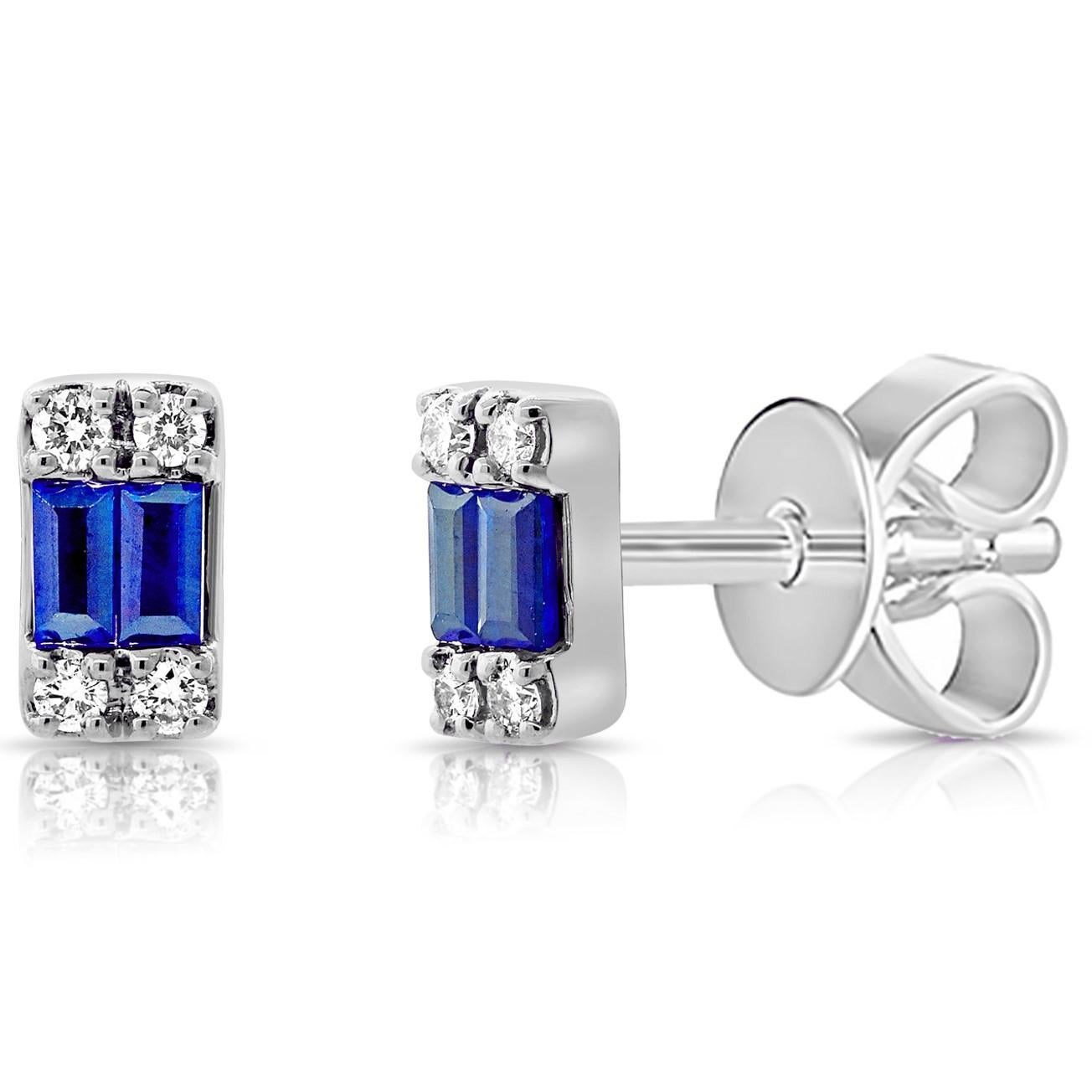 Contemporary 14K White Gold Diamond & Baguette Sapphire Tiny Stud Earrings for Her For Sale