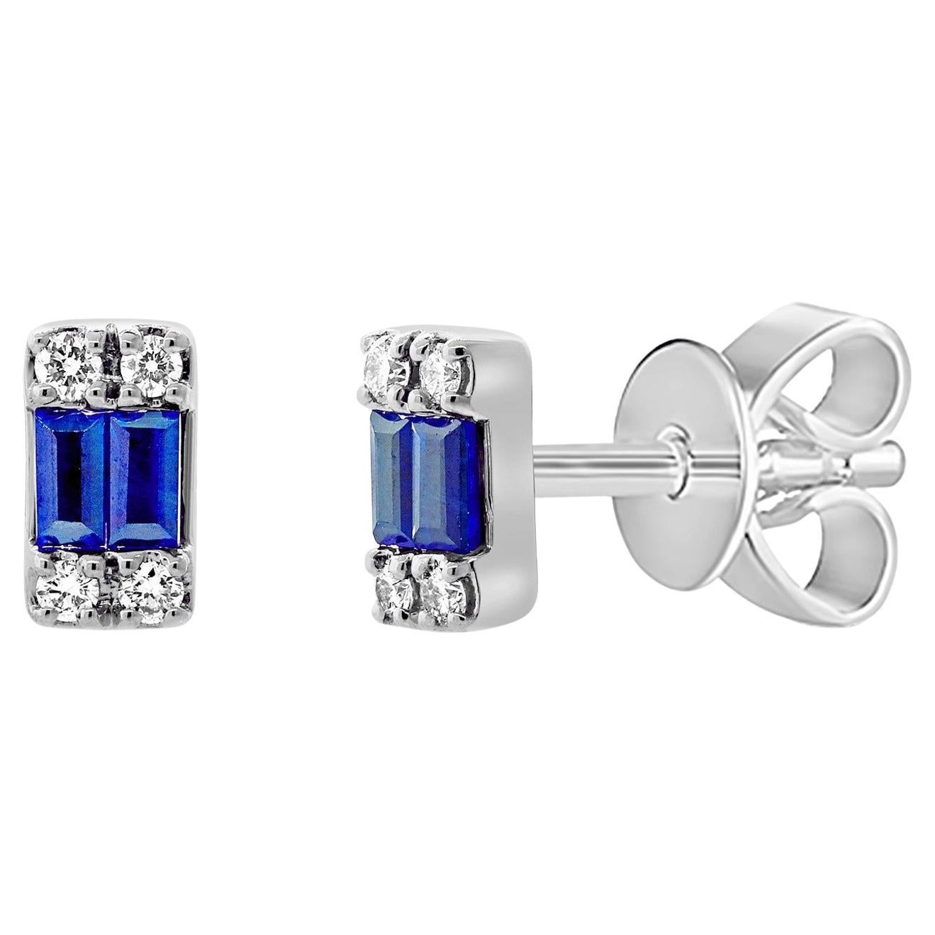 14K White Gold Diamond & Baguette Sapphire Tiny Stud Earrings for Her For Sale