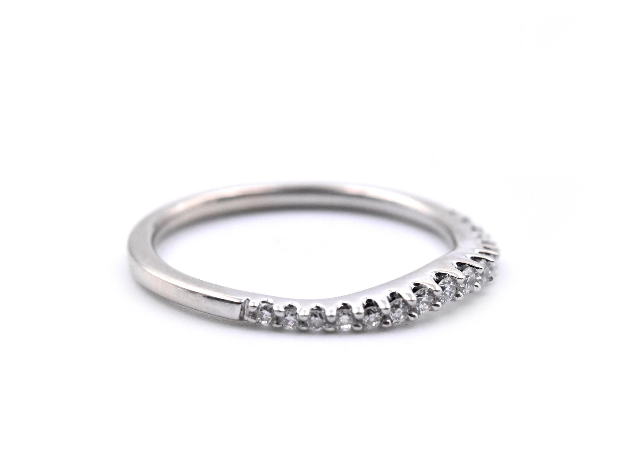 Designer: custom 
Material: 14k white gold
Diamonds: 17 round brilliant cuts = 0.17cttw
Size: 5 ½ (please allow two additional shipping days for sizing requests)  
Dimensions: ring measures 1.40mm in width
Weight: 1.41 grams

