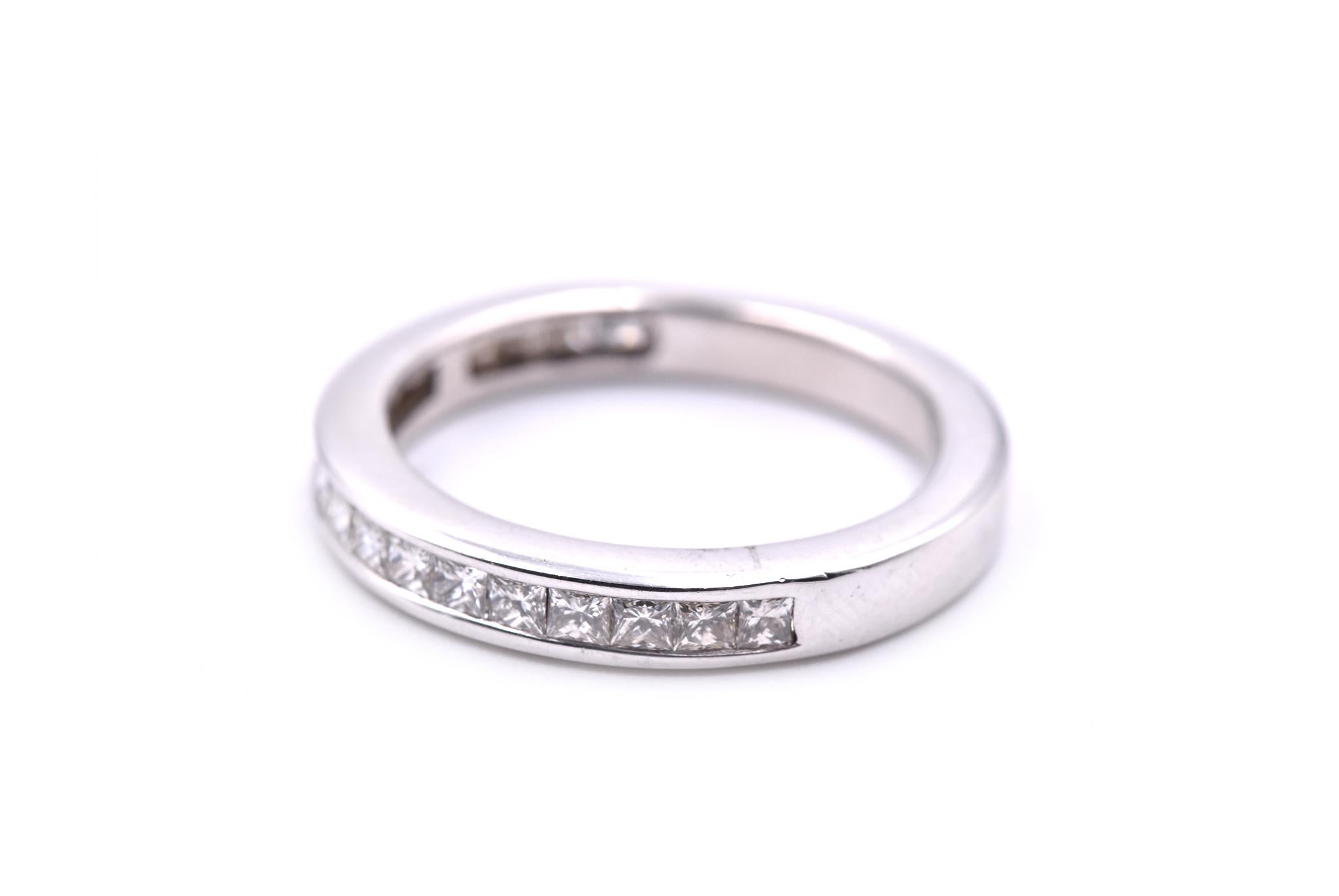 Designer: custom 
Material: 14K White Gold
Diamonds: 20 Princess cut = 1.20cttw
Color: I
Clarity: SI1
Size: 7.5
Dimensions: Ring is 2.04mm wide
Weight: 3.74 Grams
