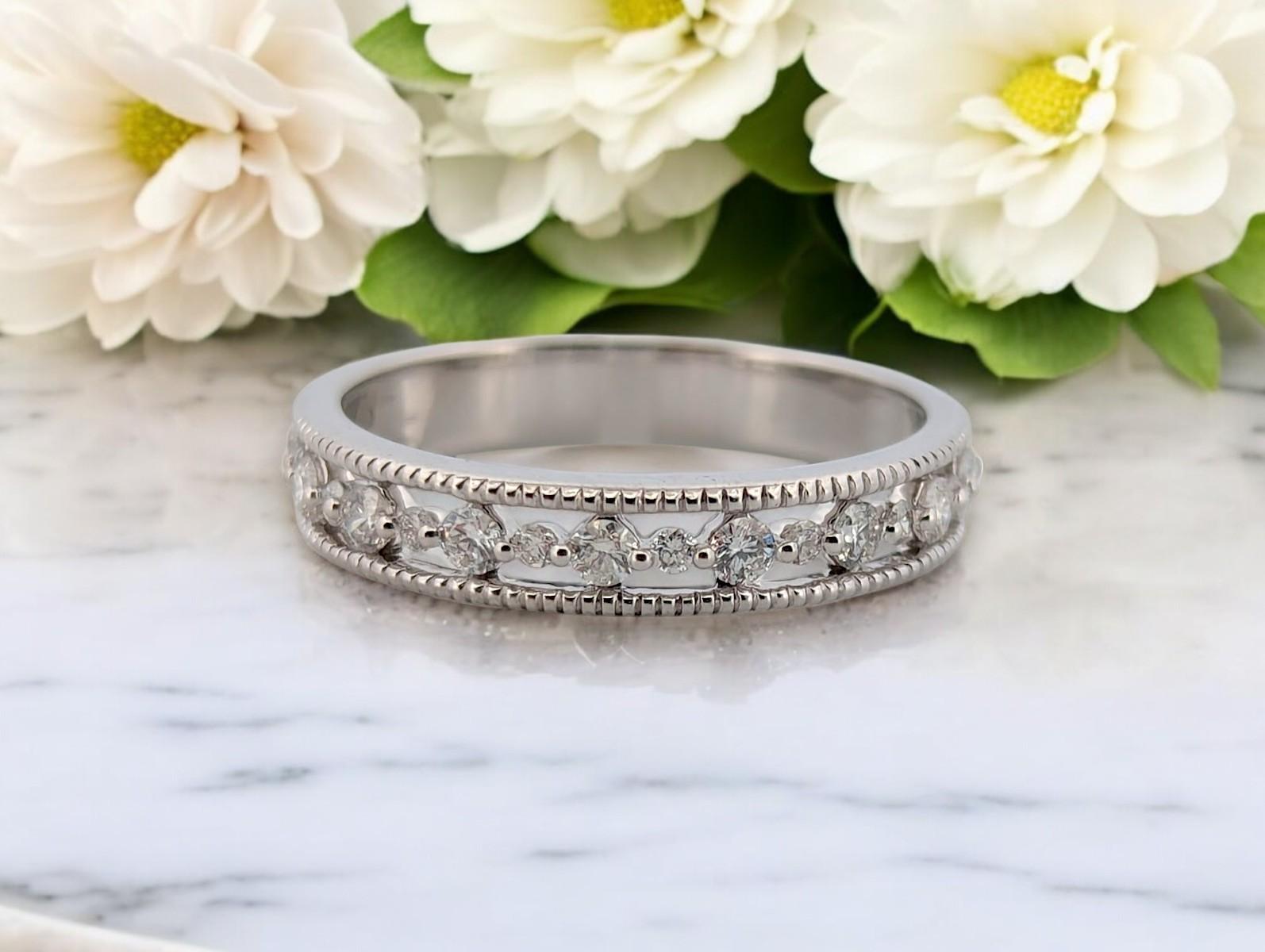 Bead Margot  14k White Gold Diamond Band with .35 CTW Natural Diamonds Wedding Band For Sale