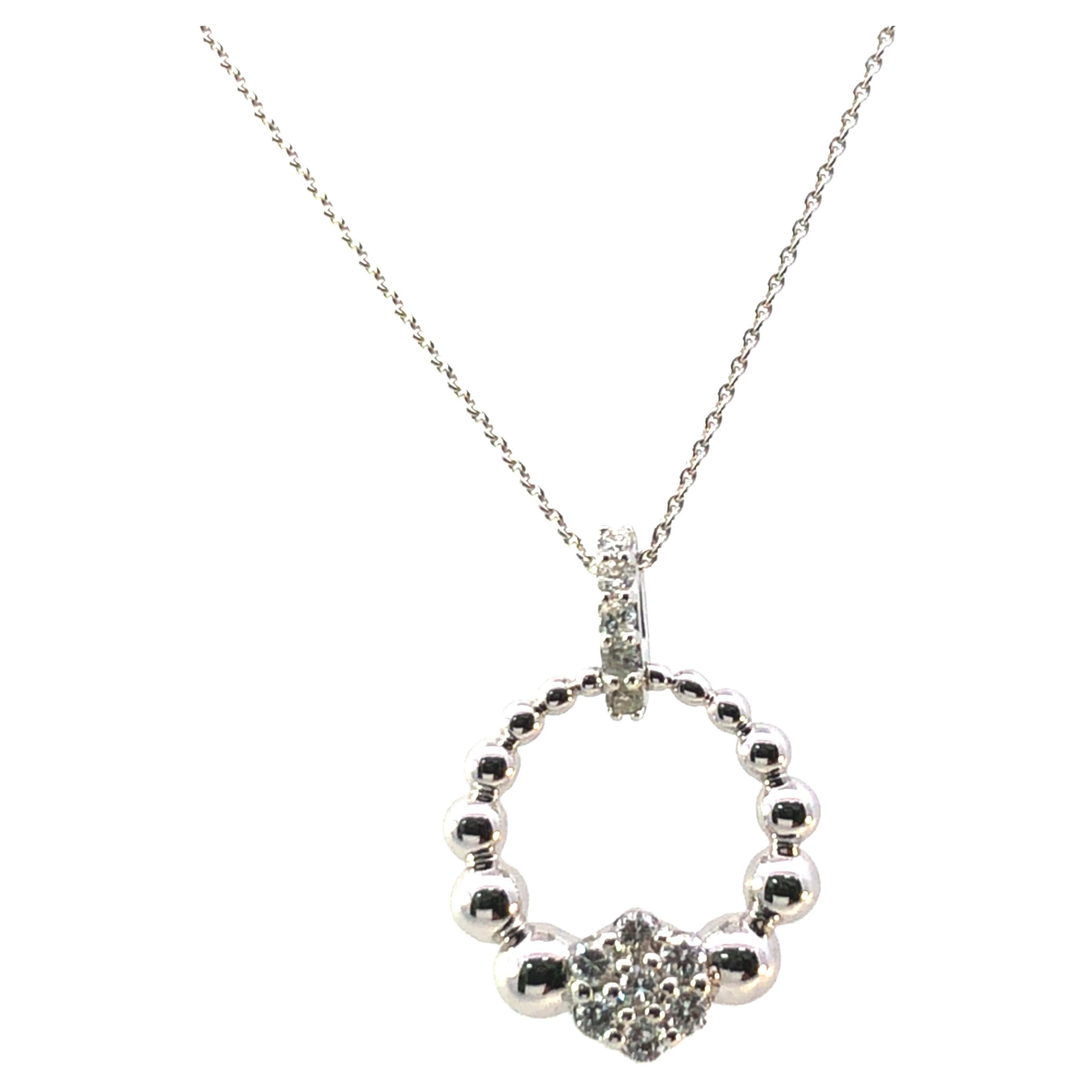 14K White Gold Diamond Beaded Circle Pendant Necklace (.15 CTW)