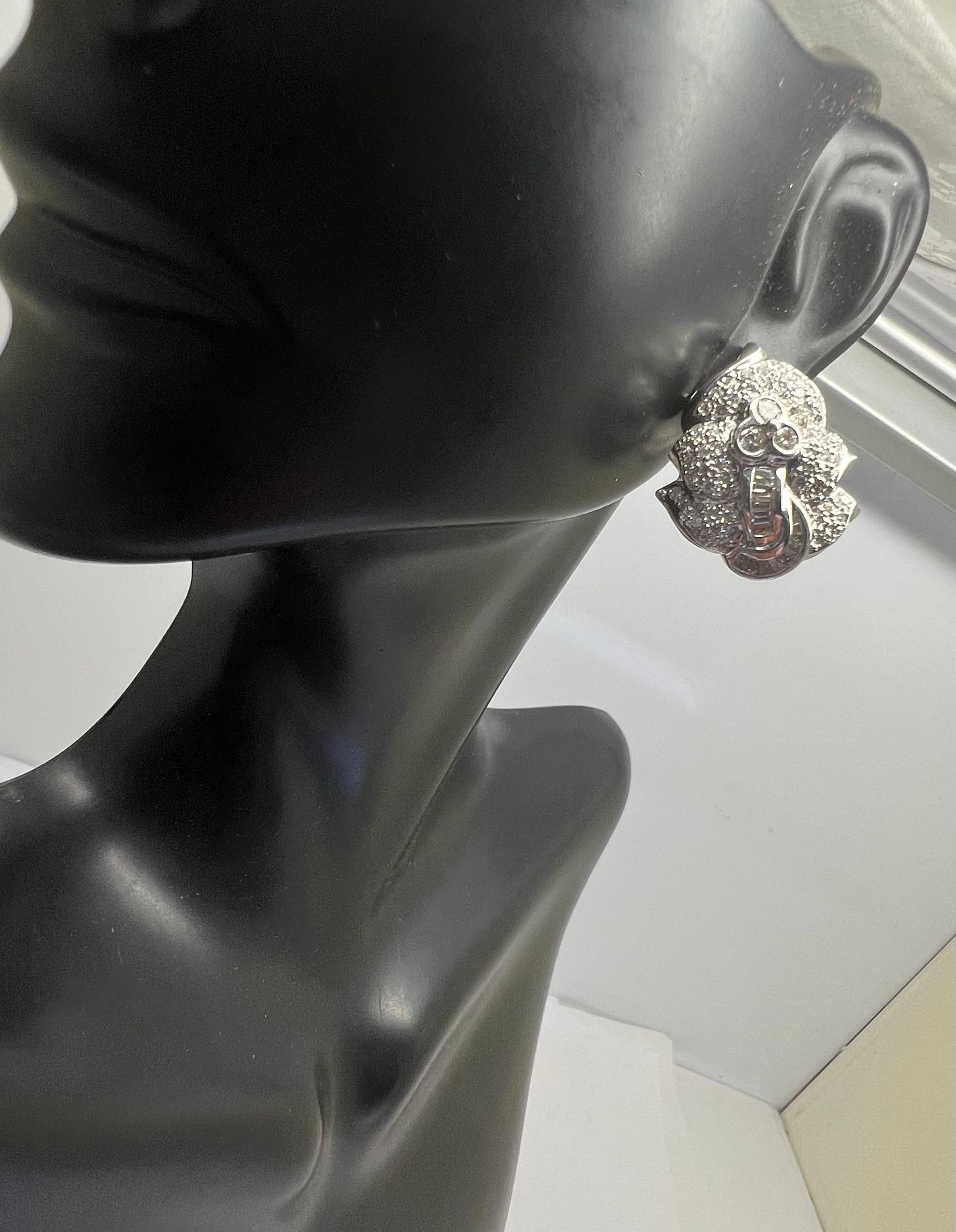 Round Cut 14k White Gold Diamond Bezel Pave Leaver Back Earrings For Sale