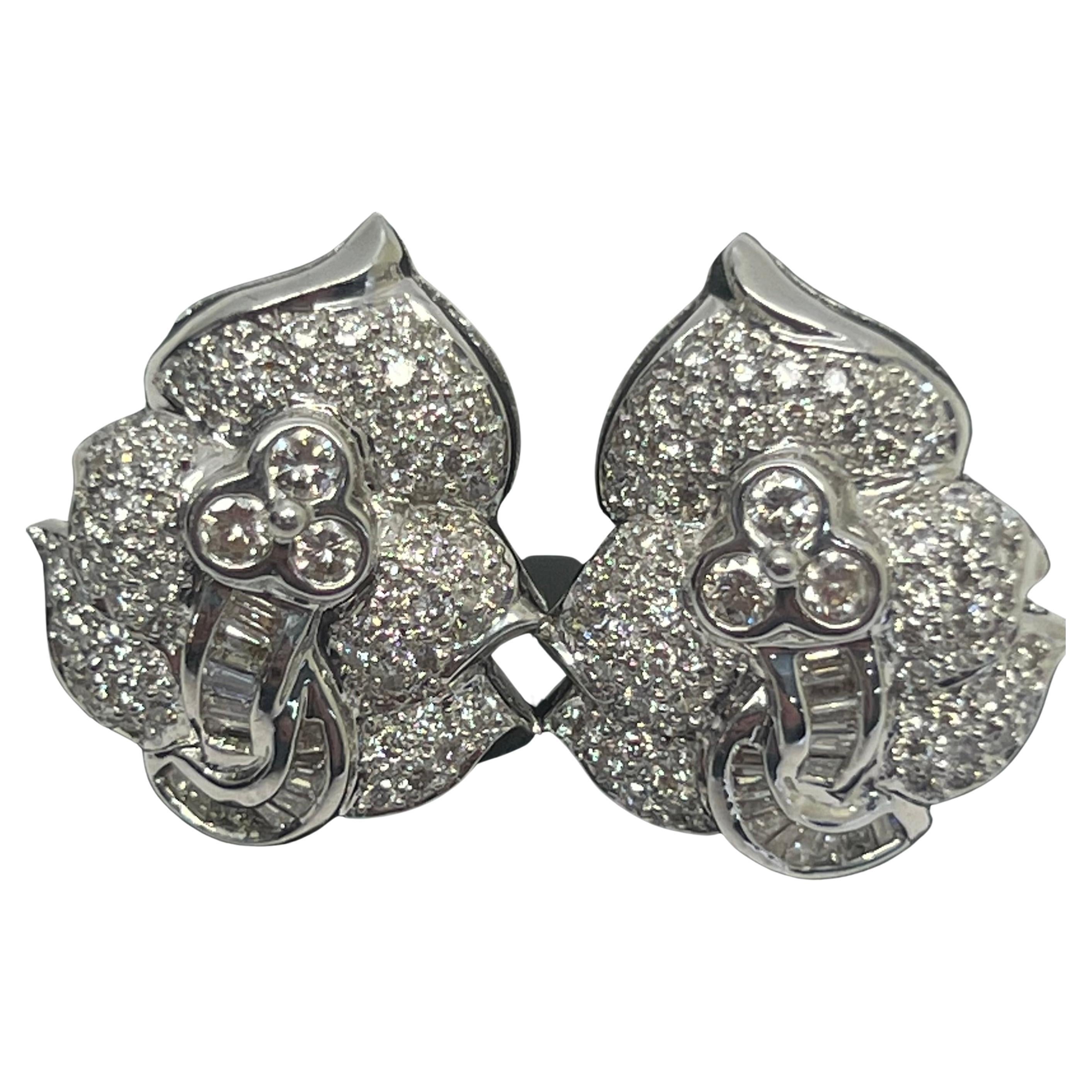 14k White Gold Diamond Bezel Pave Leaver Back Earrings For Sale