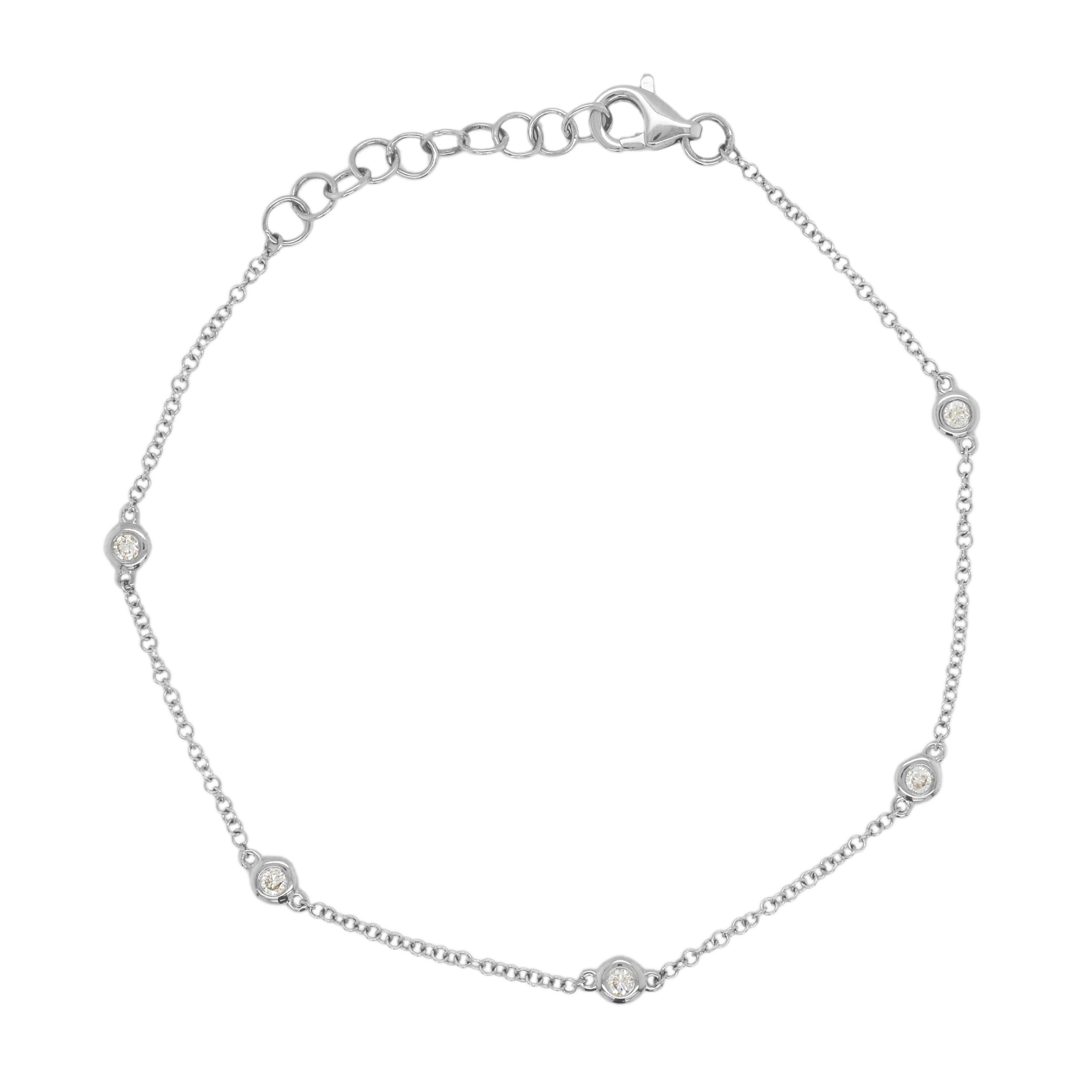 Round Cut 14K White Gold Diamond Bezel Station Chain Bracelet for Her For Sale