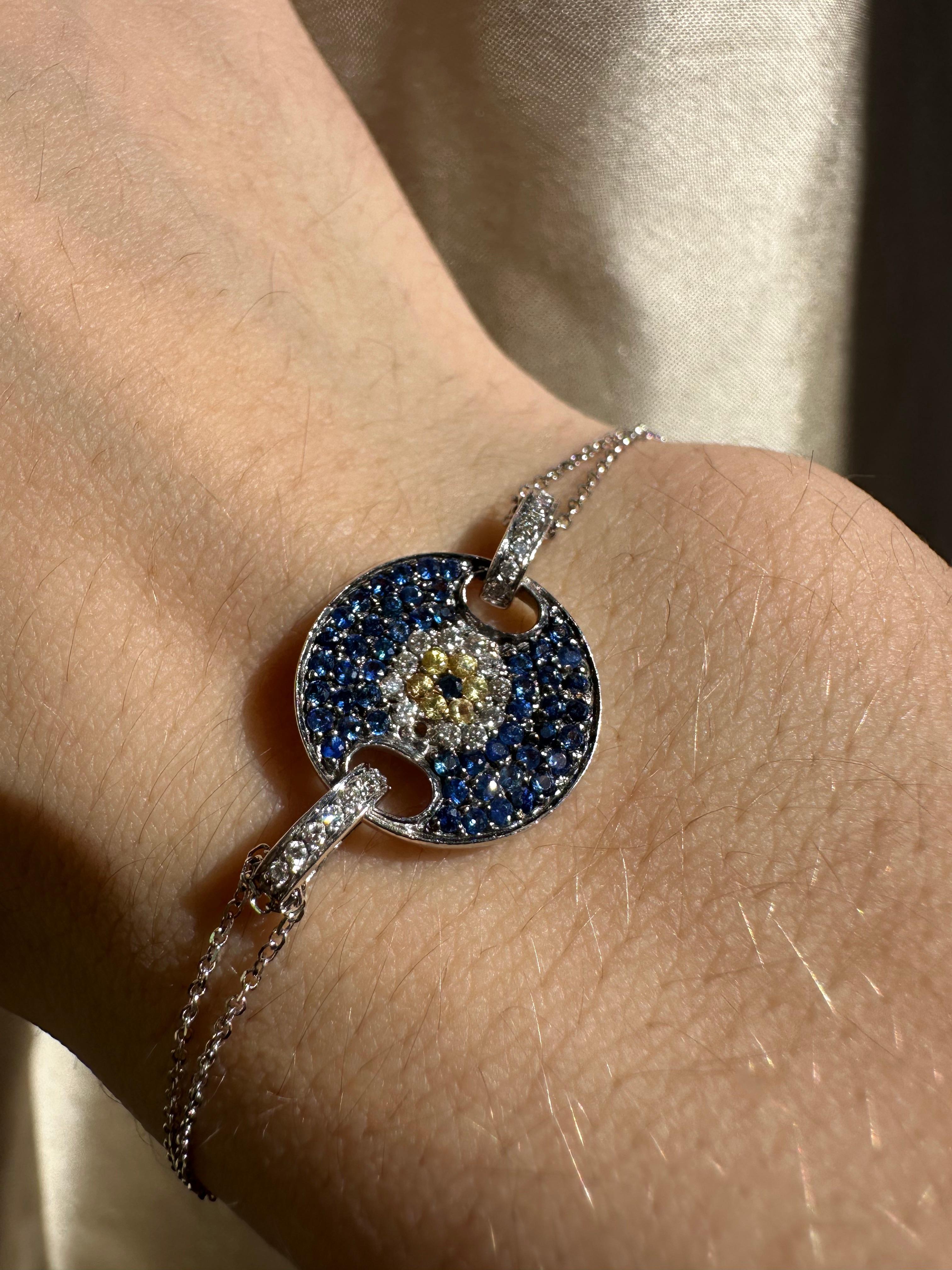 Round Cut 14K White Gold Diamond, Blue and Yellow Sapphire Evil Eye Bracelet For Sale