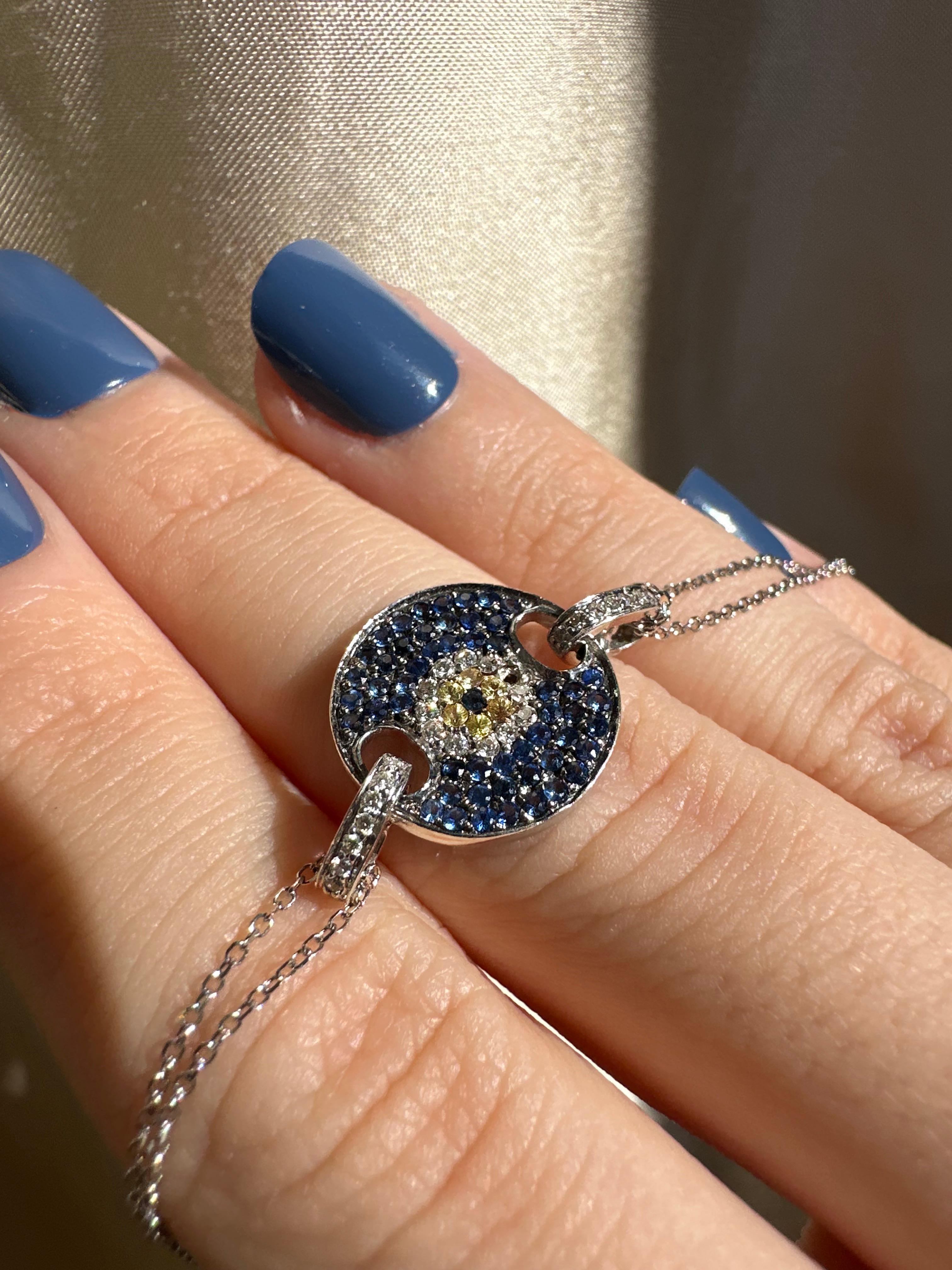 Women's 14K White Gold Diamond, Blue and Yellow Sapphire Evil Eye Bracelet For Sale