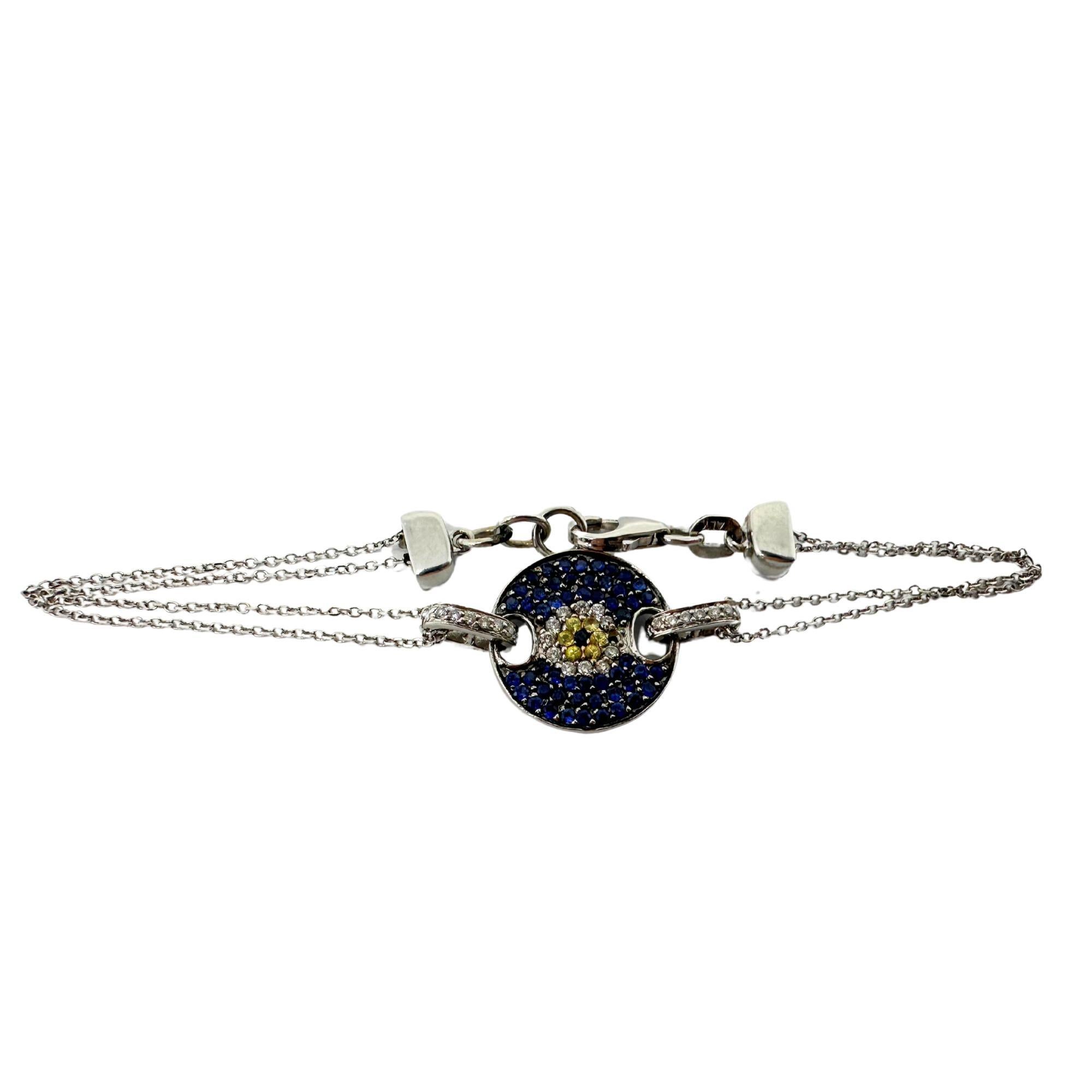 14K White Gold Diamond, Blue and Yellow Sapphire Evil Eye Bracelet For Sale 2