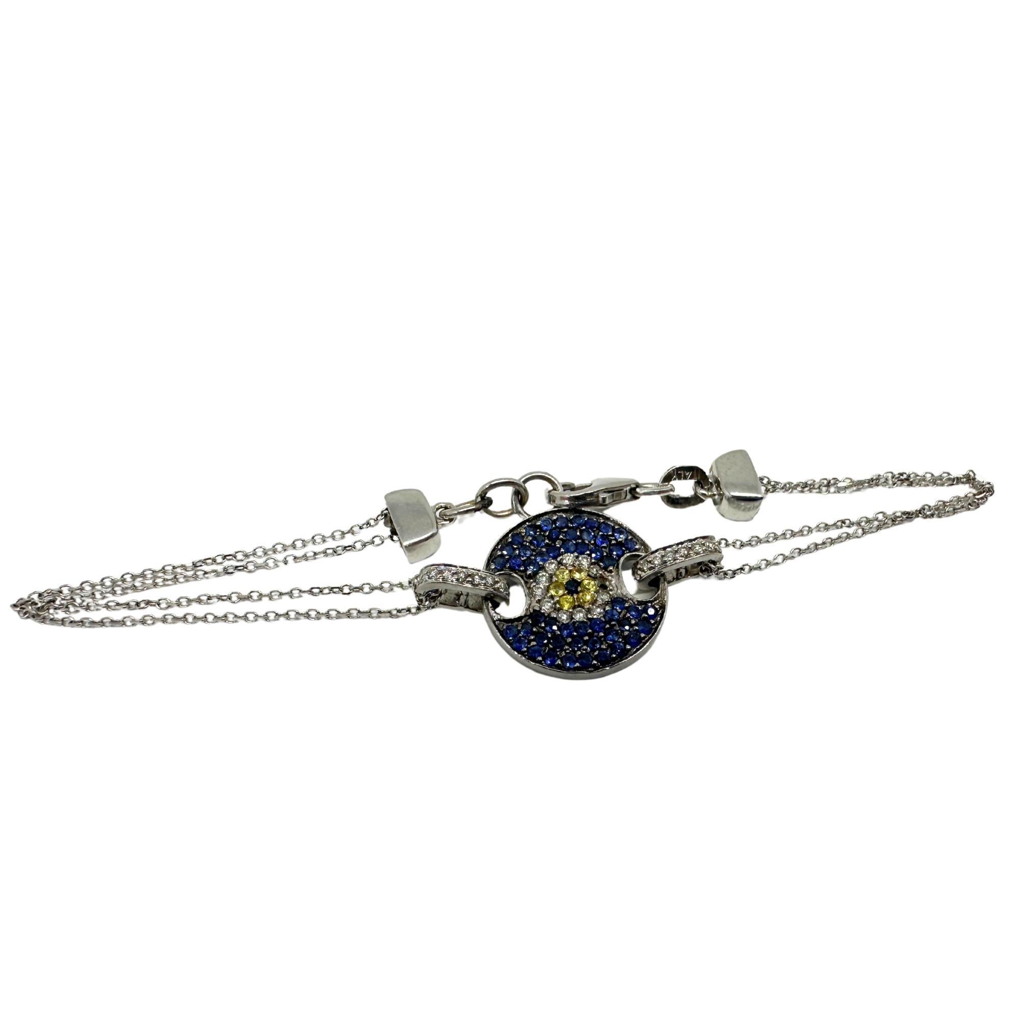 14K White Gold Diamond, Blue and Yellow Sapphire Evil Eye Bracelet For Sale 3