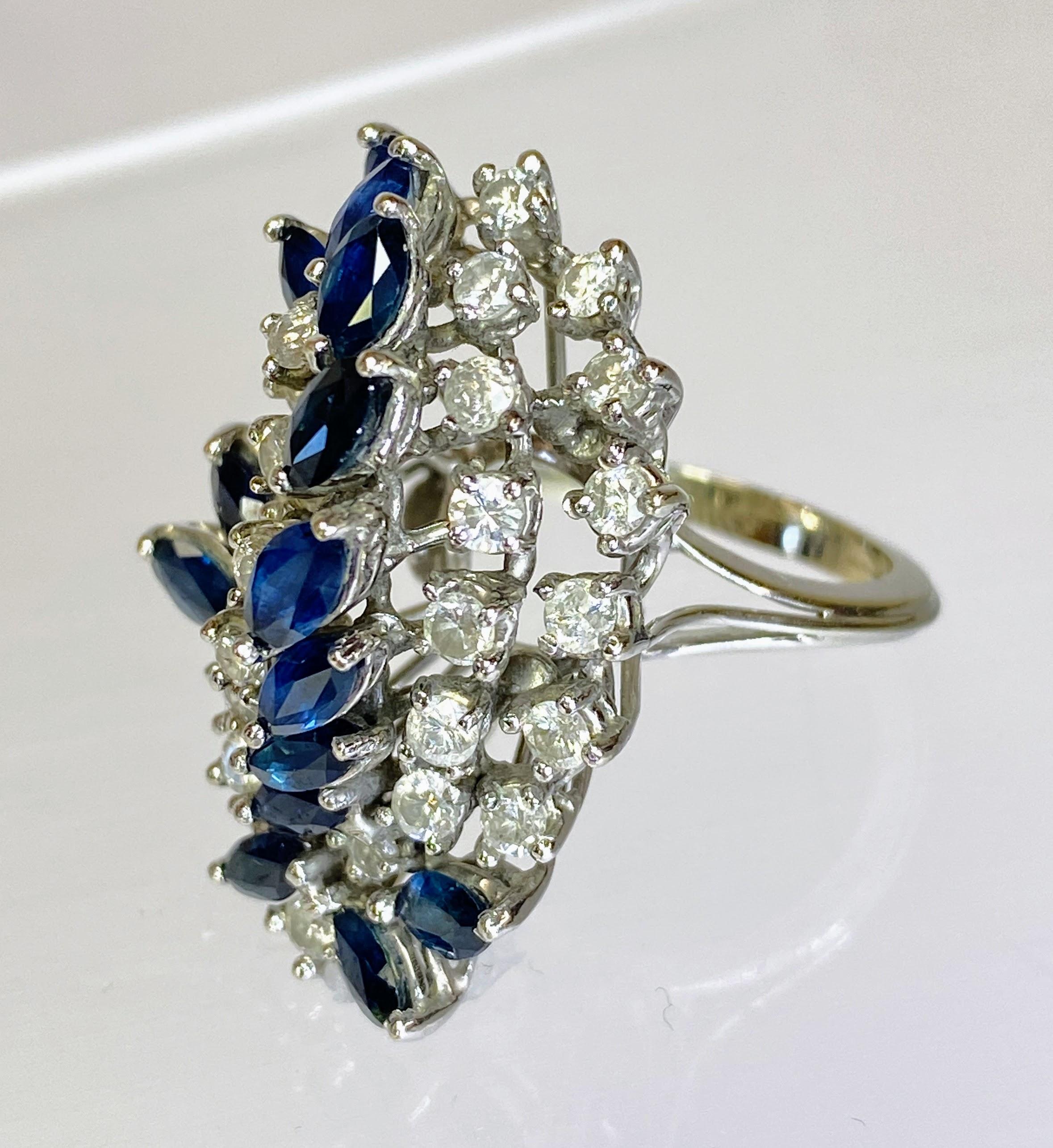 Modern 14K White Gold Diamond & Blue Sapphire 4.5 Carat Waterfall Cluster Ring Size 7.5 For Sale