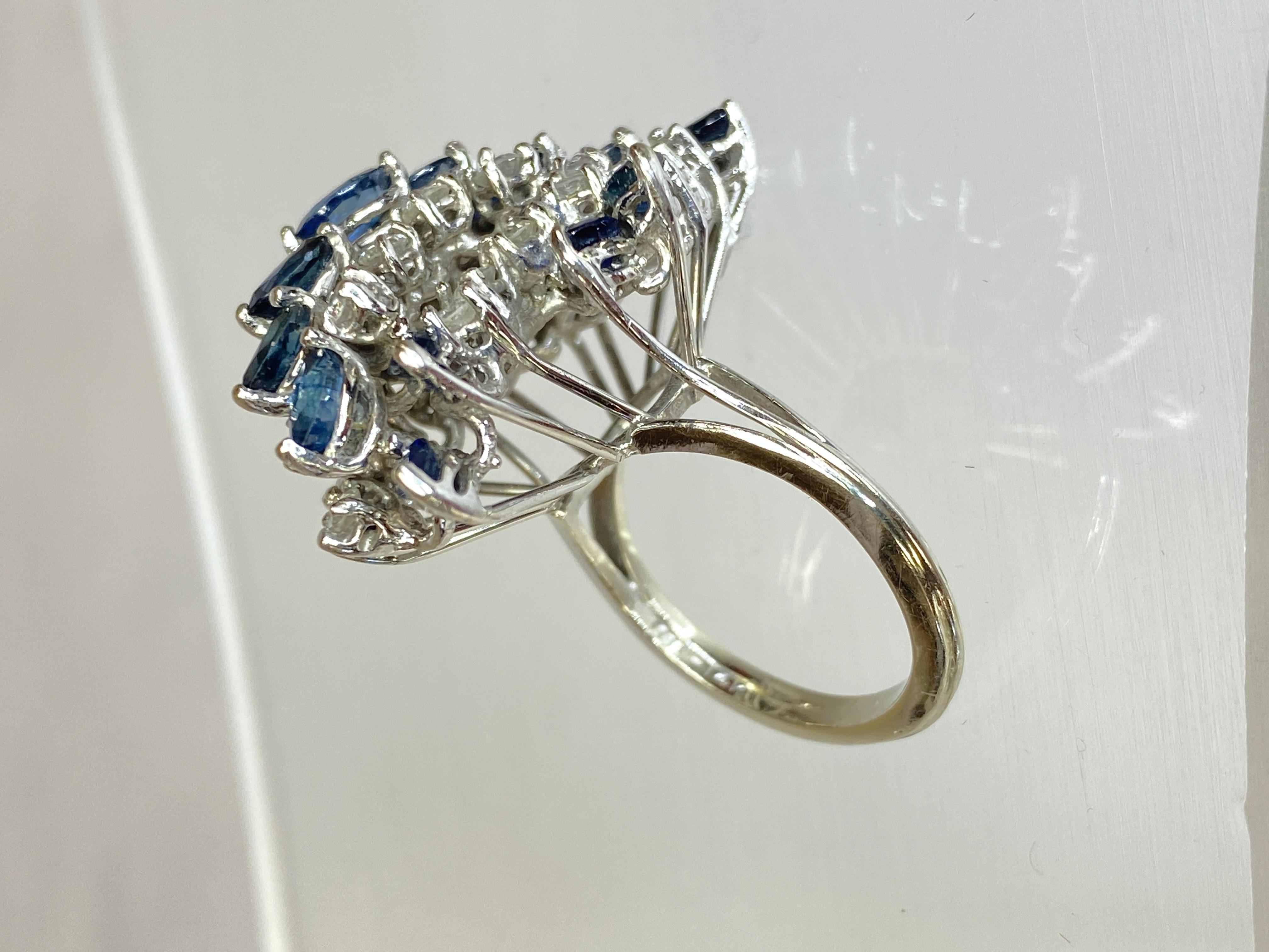 14K White Gold Diamond & Blue Sapphire 4.5 Carat Waterfall Cluster Ring Size 7.5 In Good Condition For Sale In San Jacinto, CA