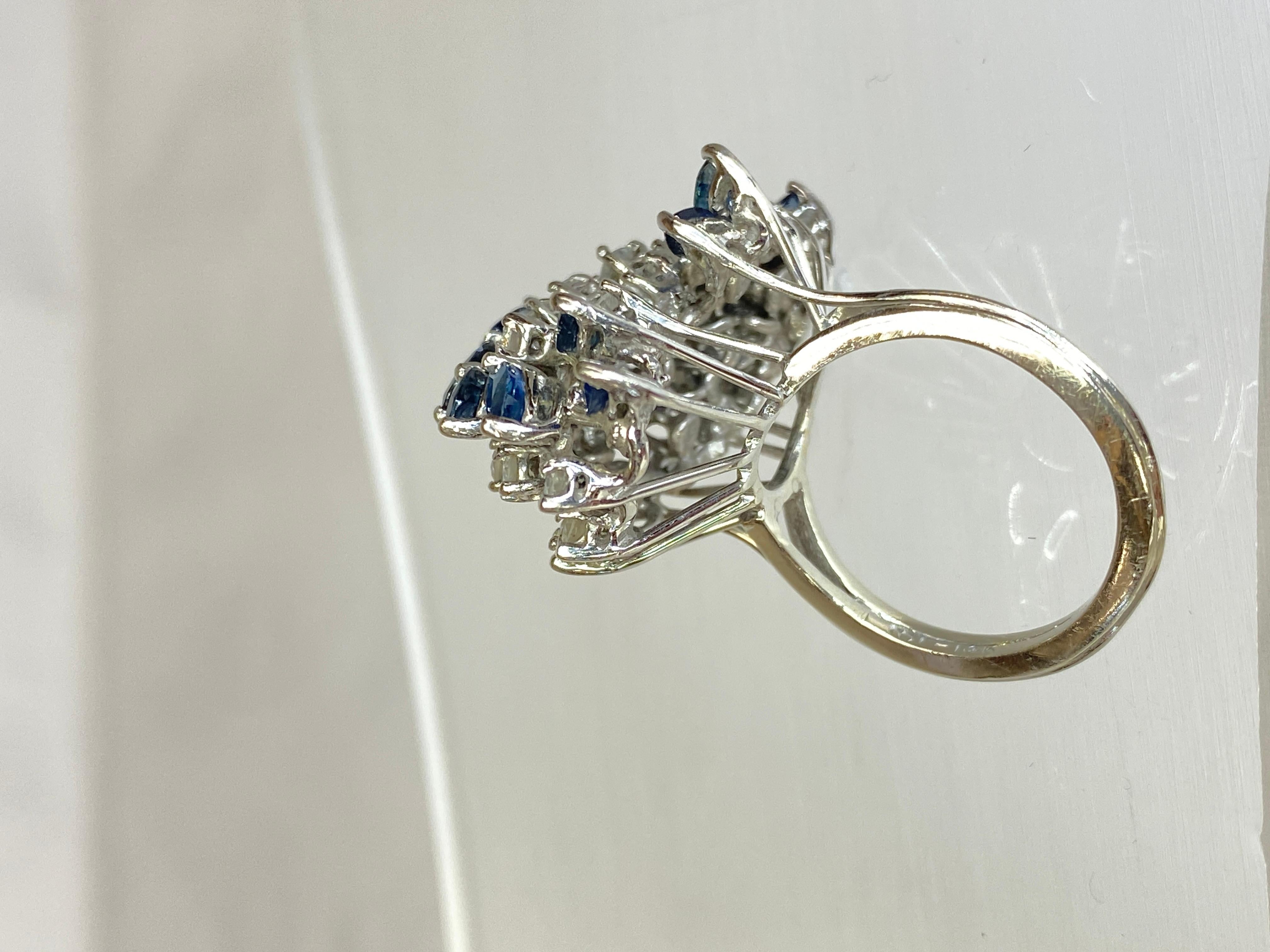 Women's or Men's 14K White Gold Diamond & Blue Sapphire 4.5 Carat Waterfall Cluster Ring Size 7.5 For Sale