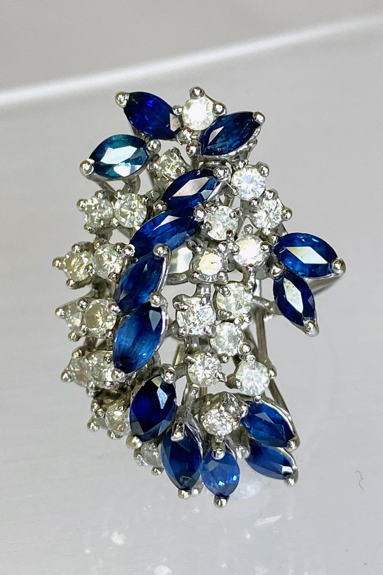 14K White Gold Diamond & Blue Sapphire 4.5 Carat Waterfall Cluster Ring Size 7.5 For Sale 2