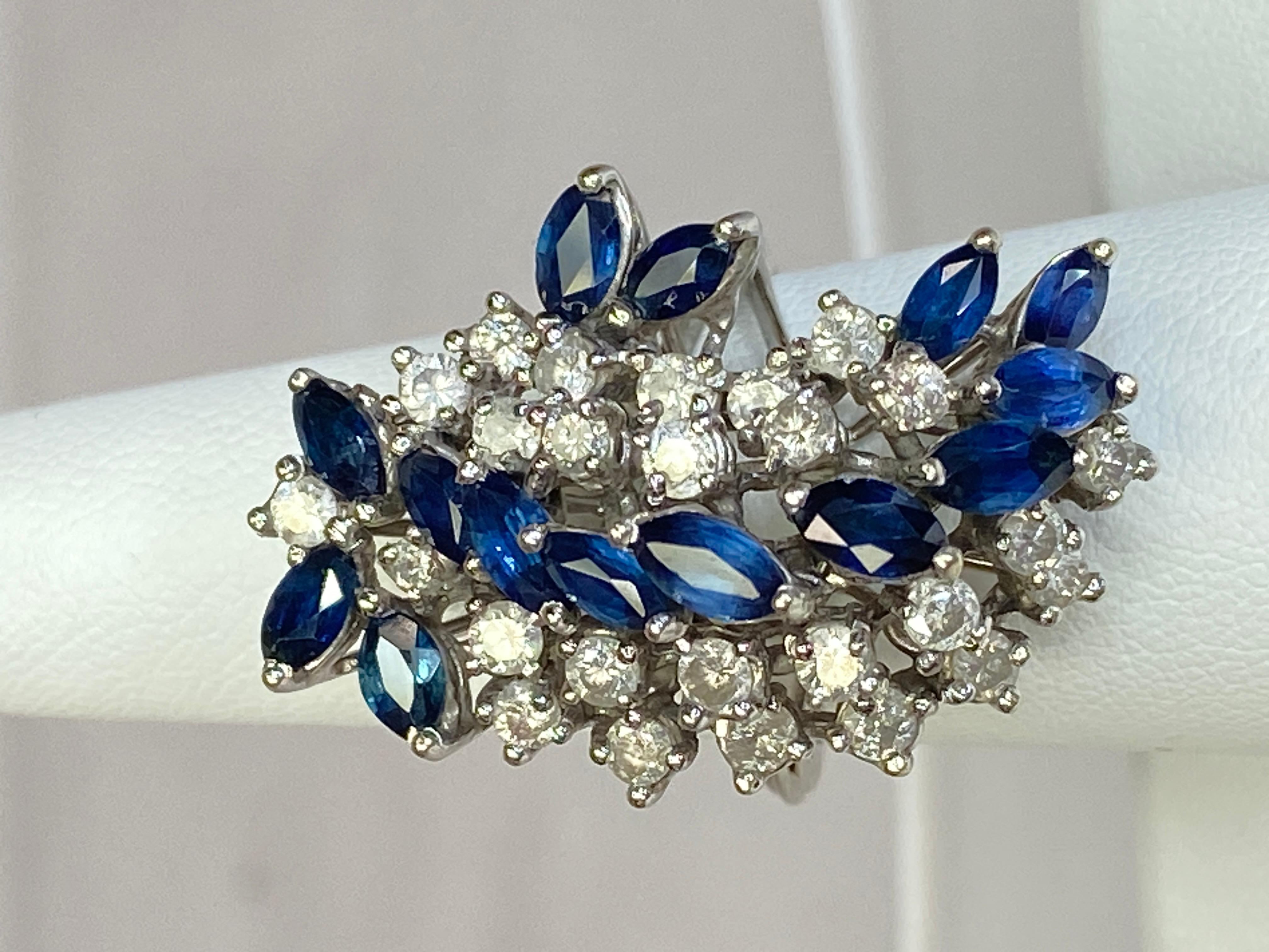 14K White Gold Diamond & Blue Sapphire 4.5 Carat Waterfall Cluster Ring Size 7.5 For Sale 3