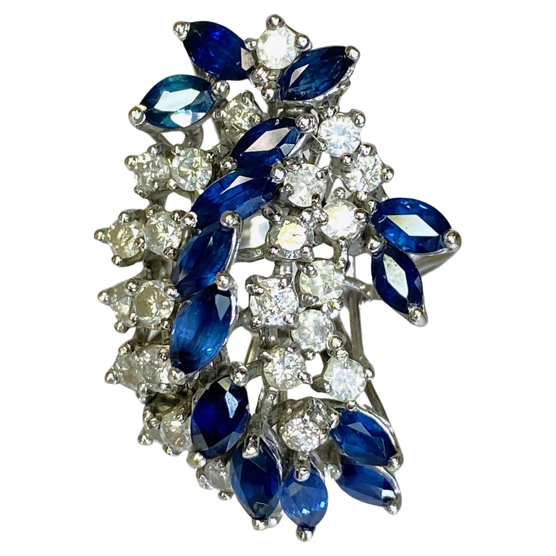 14K White Gold Diamond & Blue Sapphire 4.5 Carat Waterfall Cluster Ring Size 7.5 For Sale