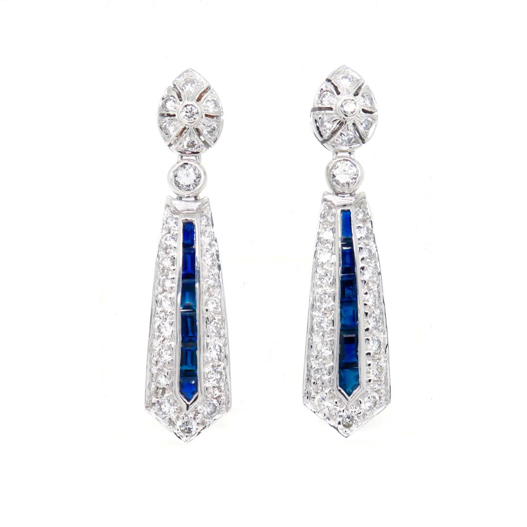Round Cut 14K White Gold, Diamond, & Blue Sapphire Art Deco Style Pendant/Dangle Earrings For Sale