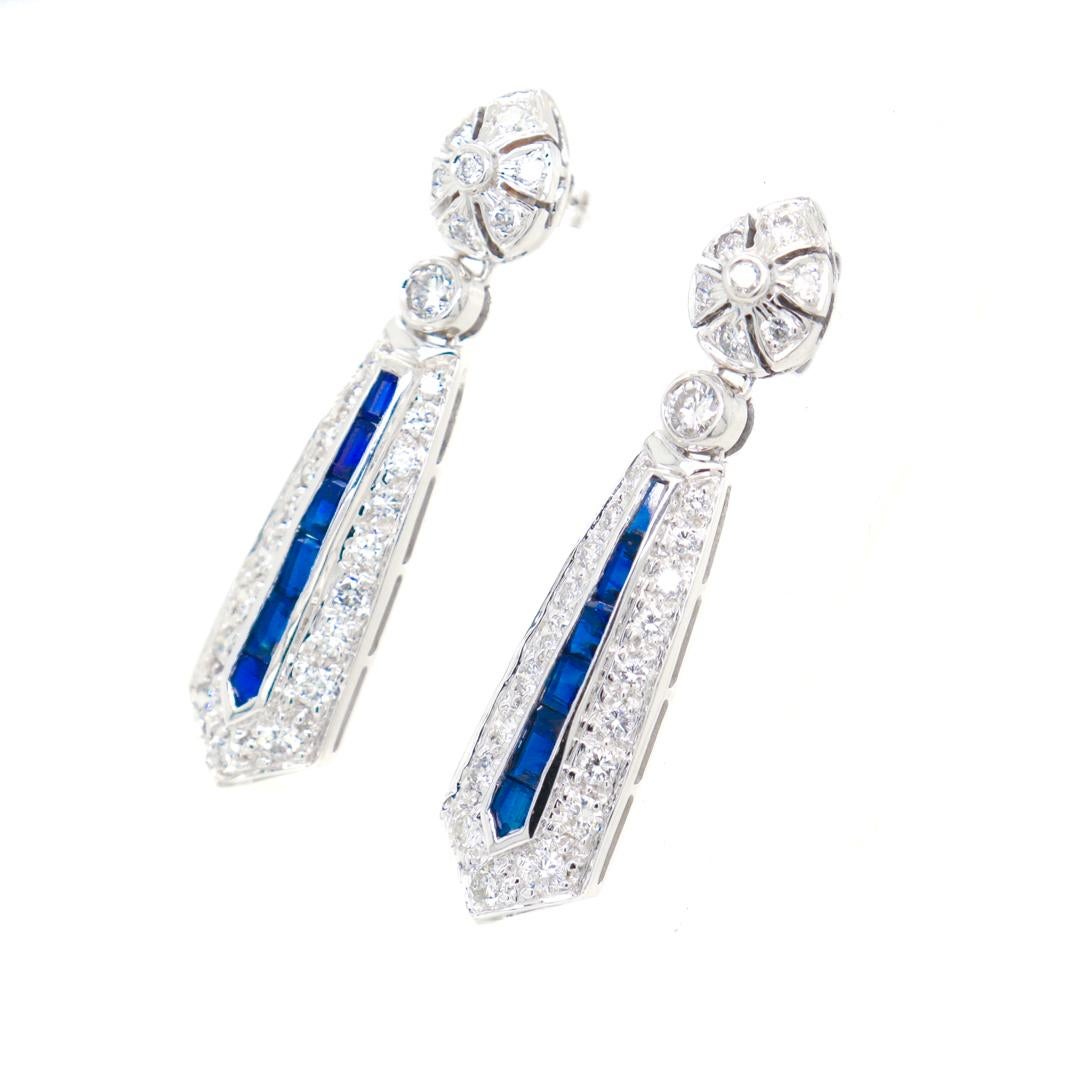 14K White Gold, Diamond, & Blue Sapphire Art Deco Style Pendant/Dangle Earrings In Good Condition For Sale In Philadelphia, PA
