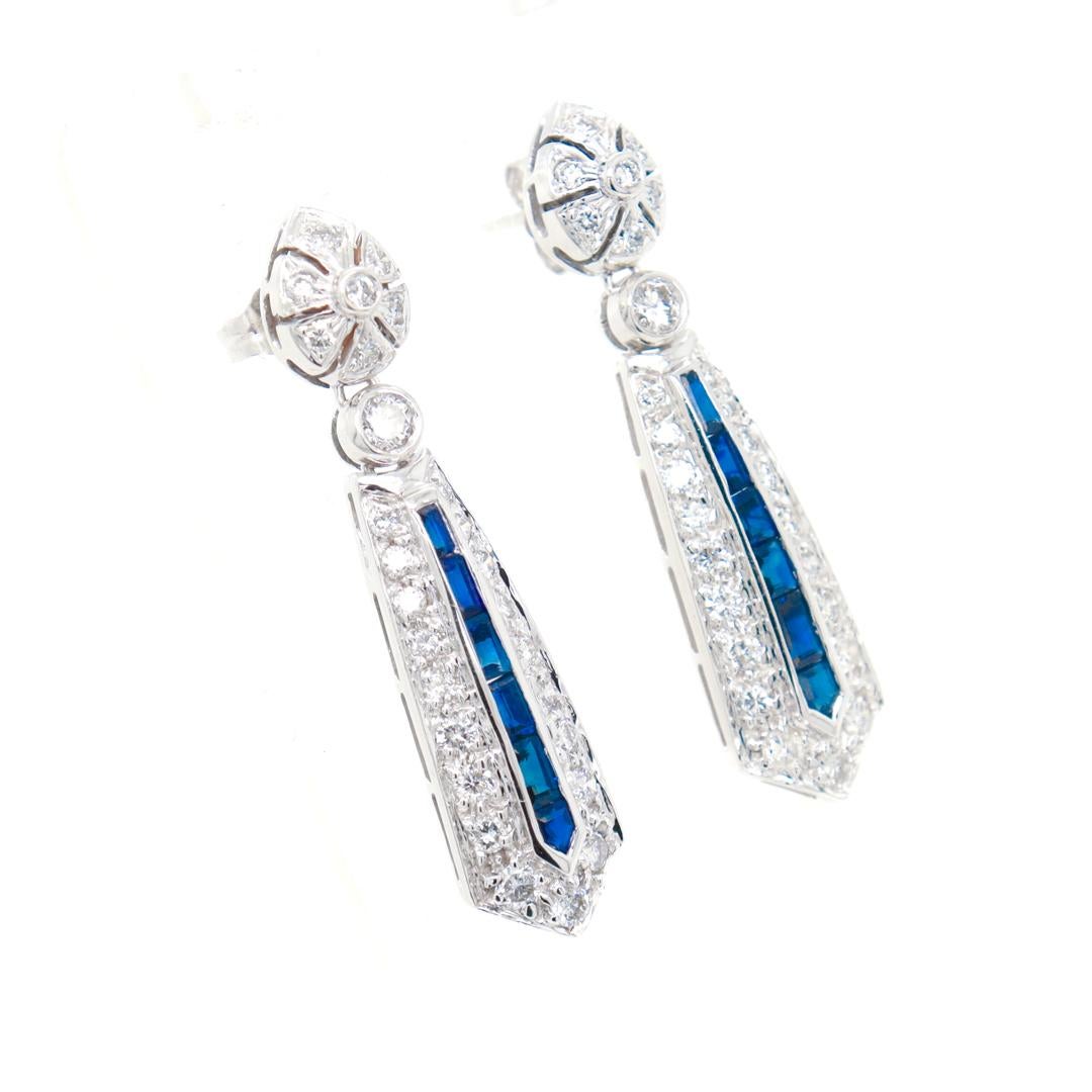 Women's 14K White Gold, Diamond, & Blue Sapphire Art Deco Style Pendant/Dangle Earrings For Sale