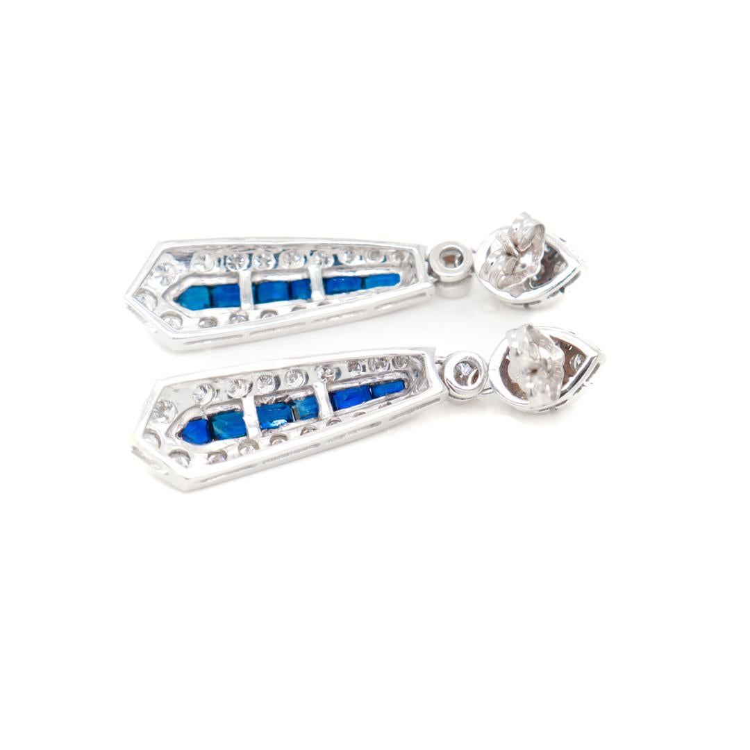 14K White Gold, Diamond, & Blue Sapphire Art Deco Style Pendant/Dangle Earrings For Sale 1