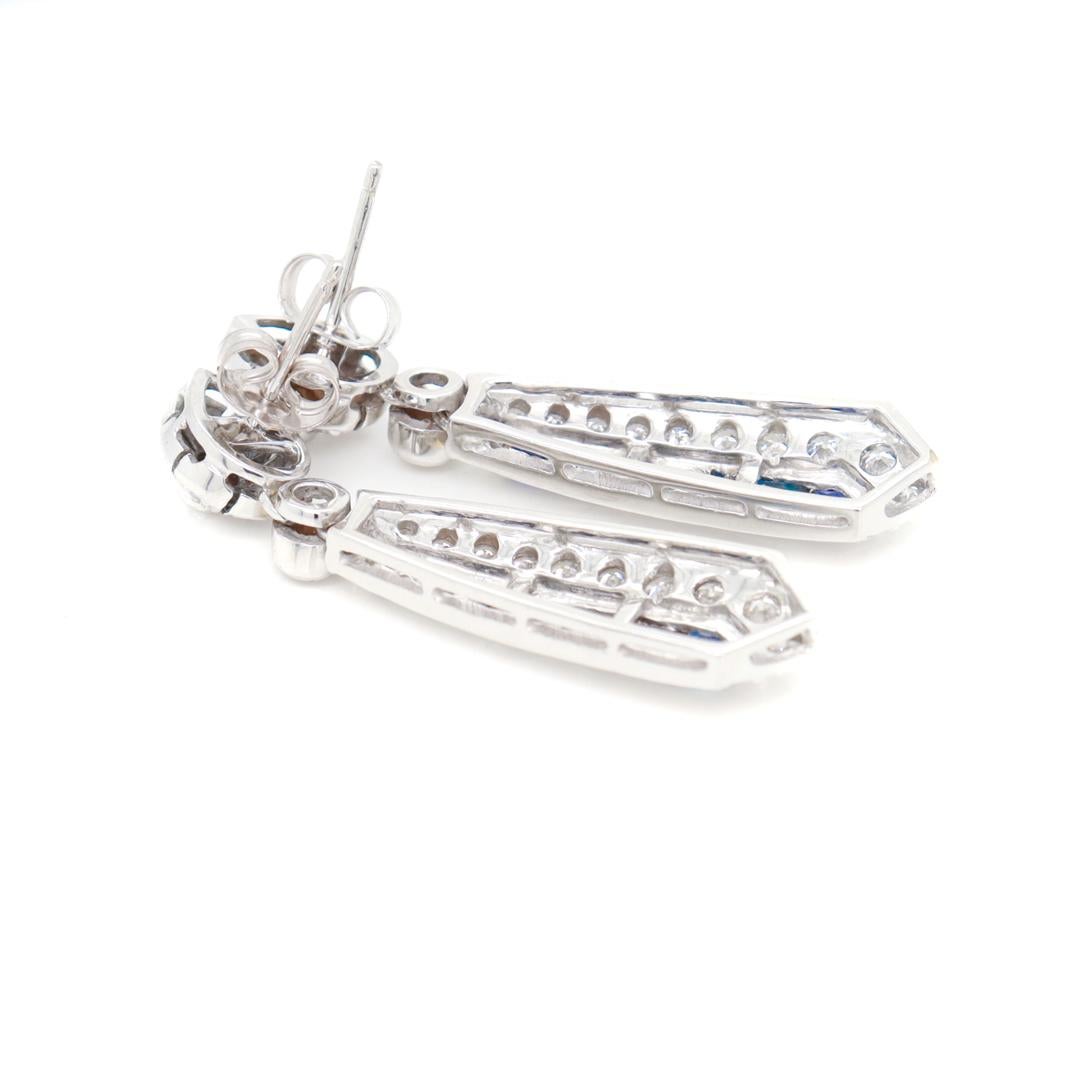 14K White Gold, Diamond, & Blue Sapphire Art Deco Style Pendant/Dangle Earrings For Sale 2
