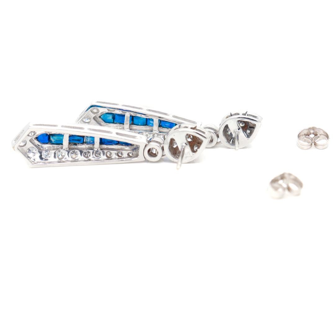 14K White Gold, Diamond, & Blue Sapphire Art Deco Style Pendant/Dangle Earrings For Sale 3