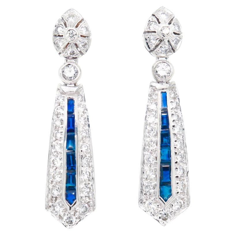 14K White Gold, Diamond, & Blue Sapphire Art Deco Style Pendant/Dangle Earrings