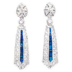 Retro 14K White Gold, Diamond, & Blue Sapphire Art Deco Style Pendant/Dangle Earrings