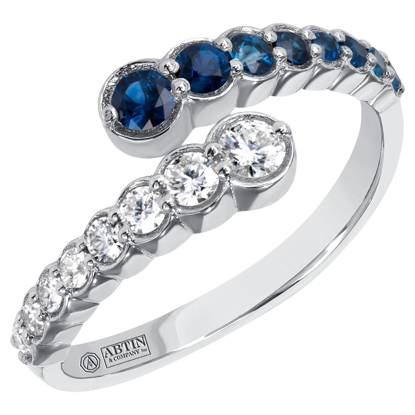 14K White Gold Diamond & Blue Sapphire Bezel Bypass Ring Band  For Sale