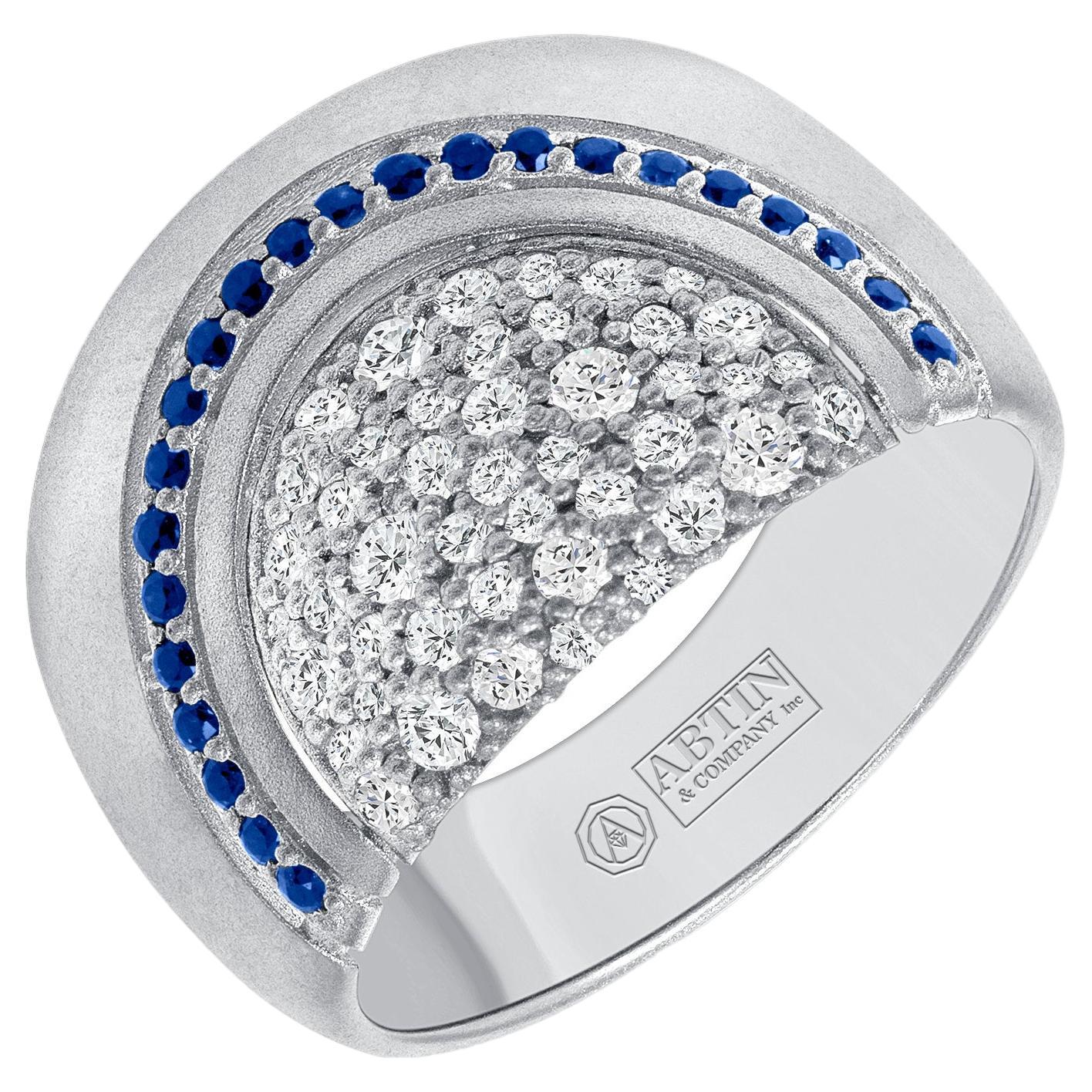 14K White Gold Diamond & Blue Sapphire Wide Dome Statement Ring Band  For Sale