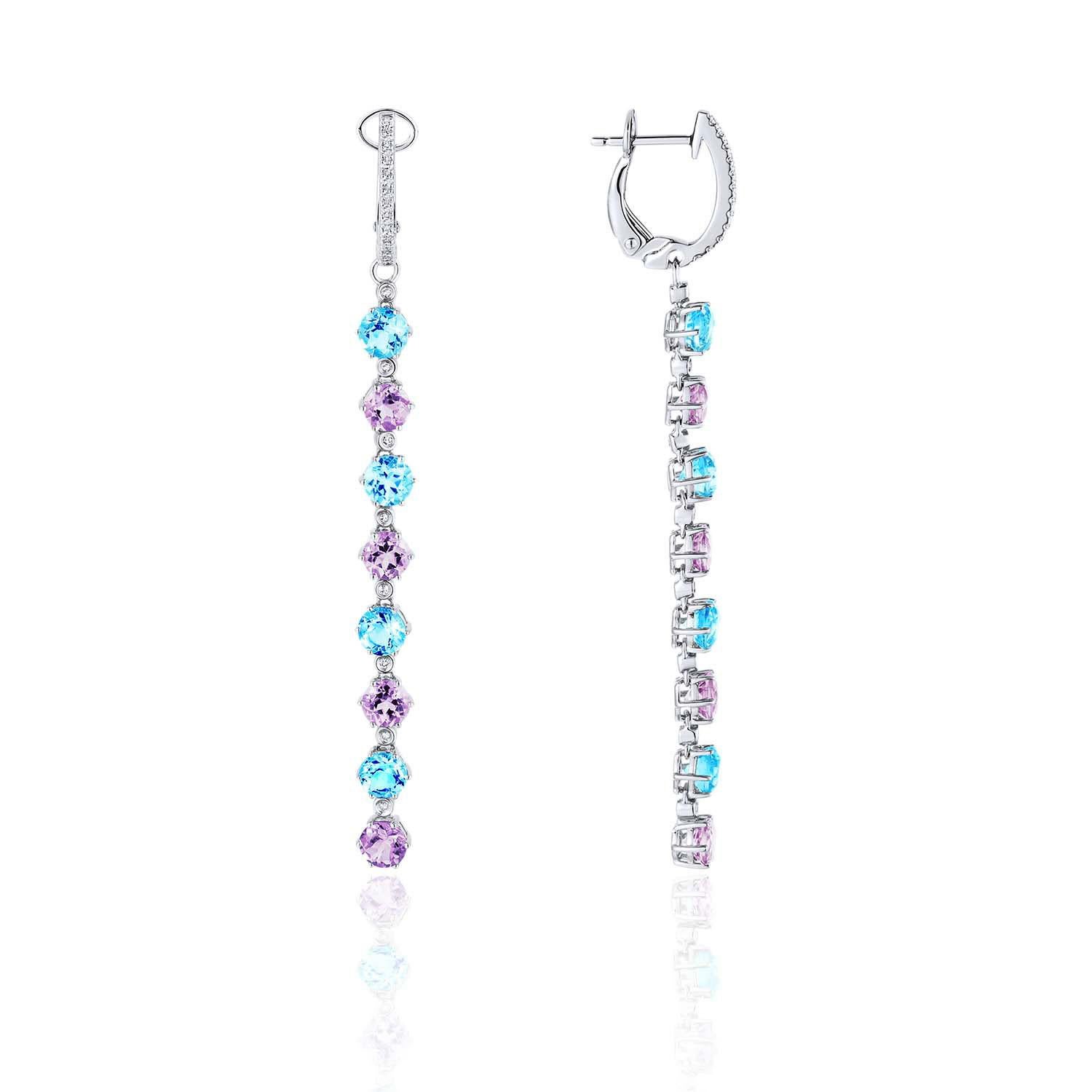 14K White Gold Diamond, Blue Topaz Earrings and Amethyst Earrings featuring 0.13 Carats of Diamonds and 2.46 Carats of Amethyst, 2.26 Carats of Blue Topaz

Underline your look with this sharp 14K White gold shape Diamond Earrings. High quality