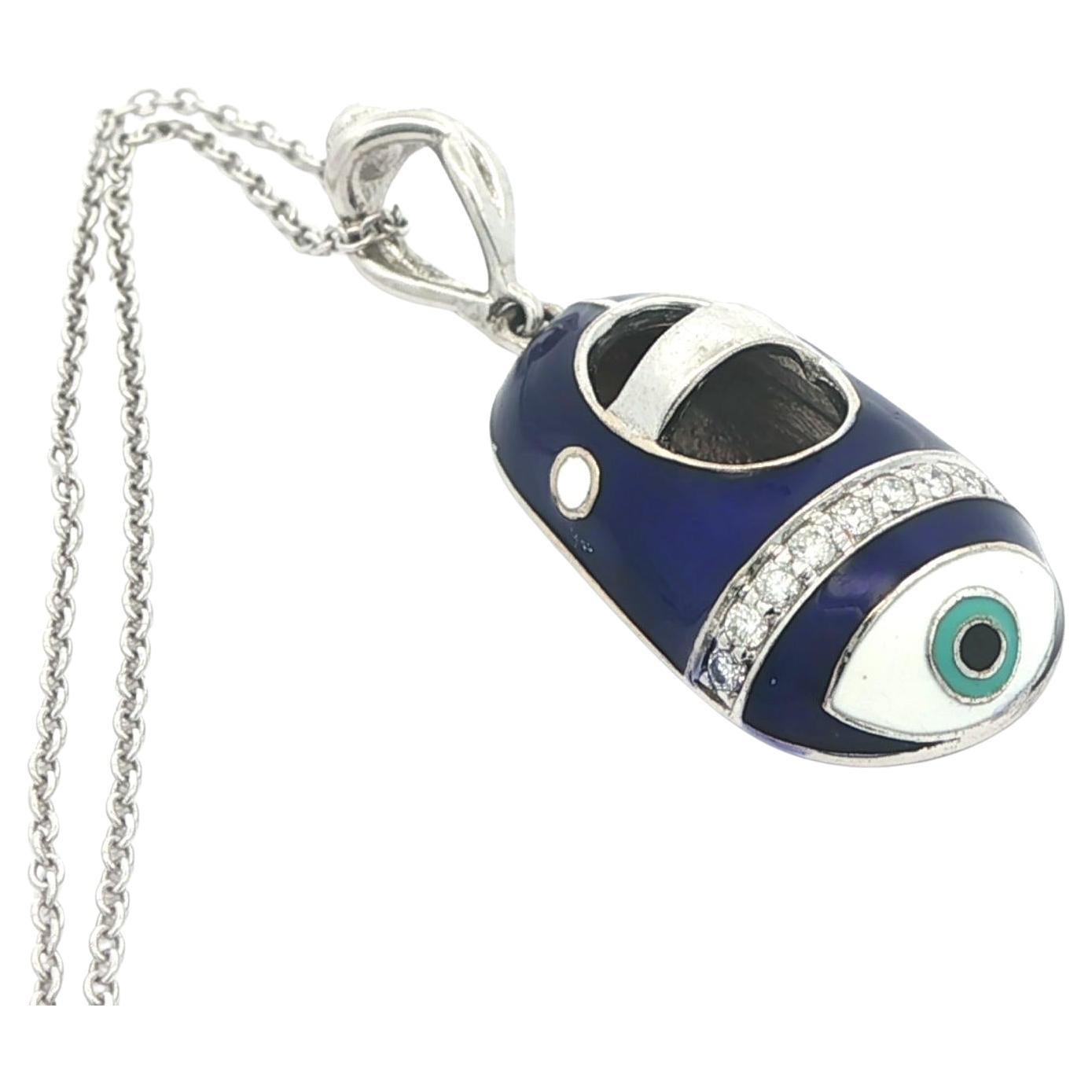 14k White Gold Diamond Blue White Enamel Work Evil Eye Baby Shoe Pendant Chain For Sale
