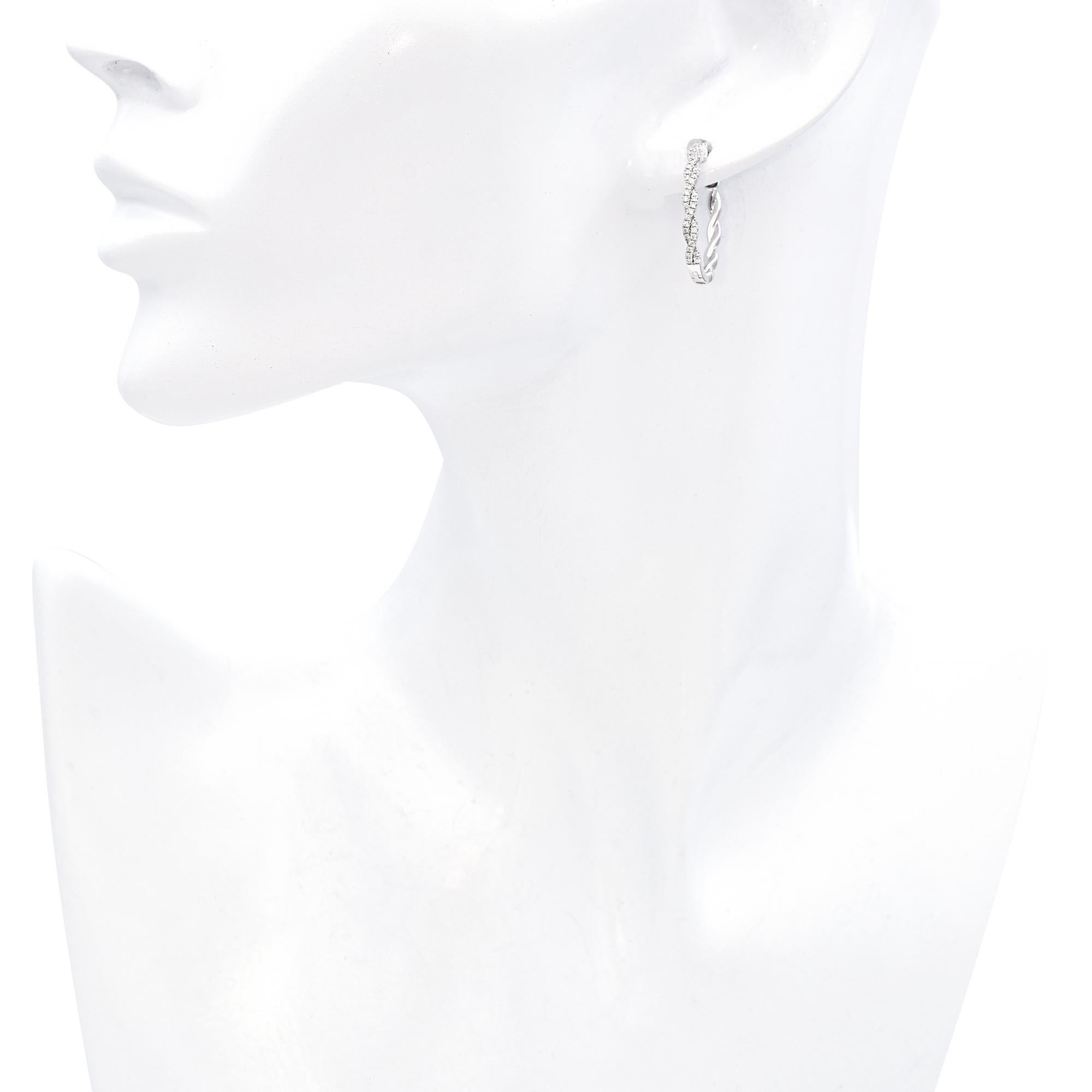 Round Cut 14k White Gold Diamond Braided Oval Hoop Earrings For Sale