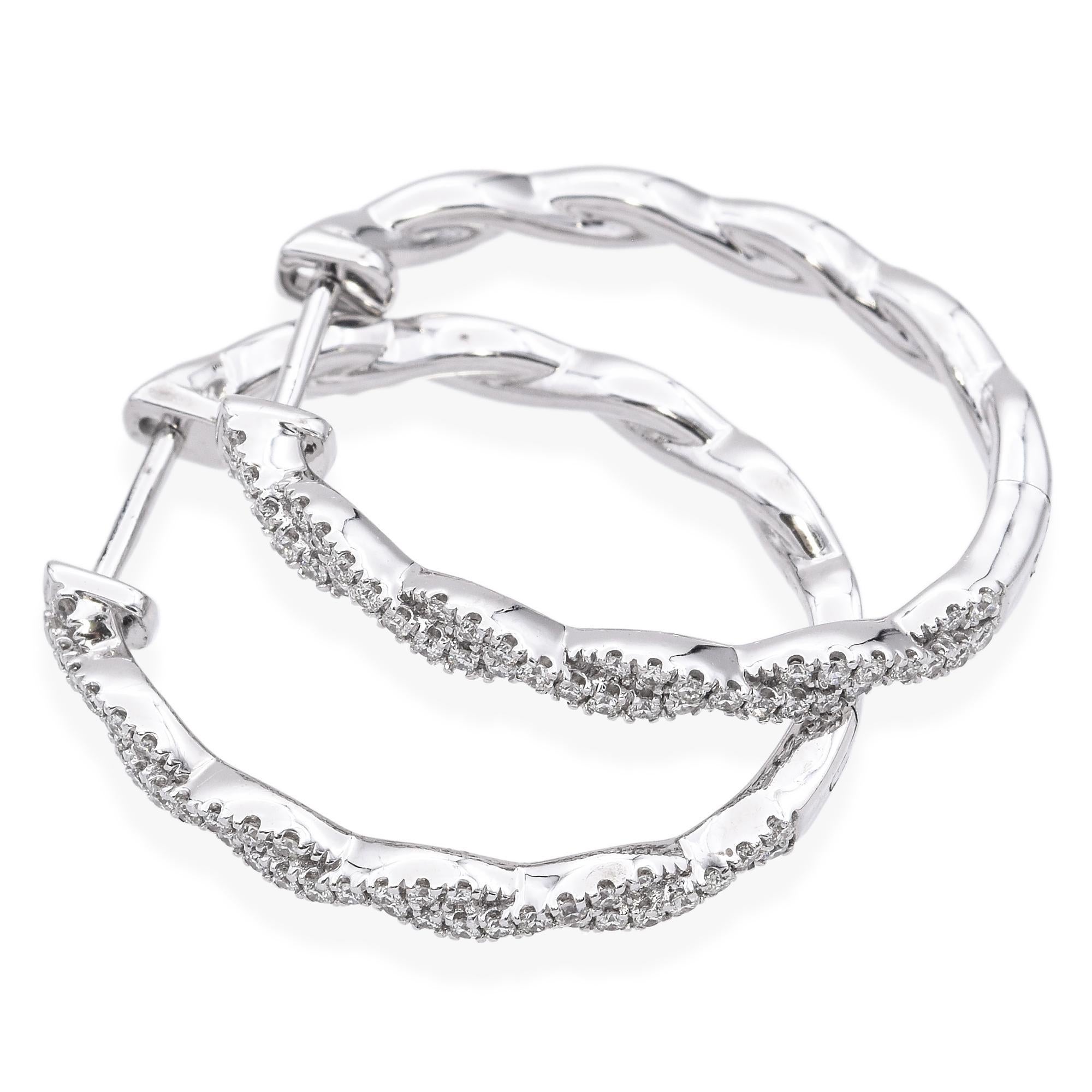 Women's 14k White Gold Diamond Braided Oval Hoop Earrings For Sale