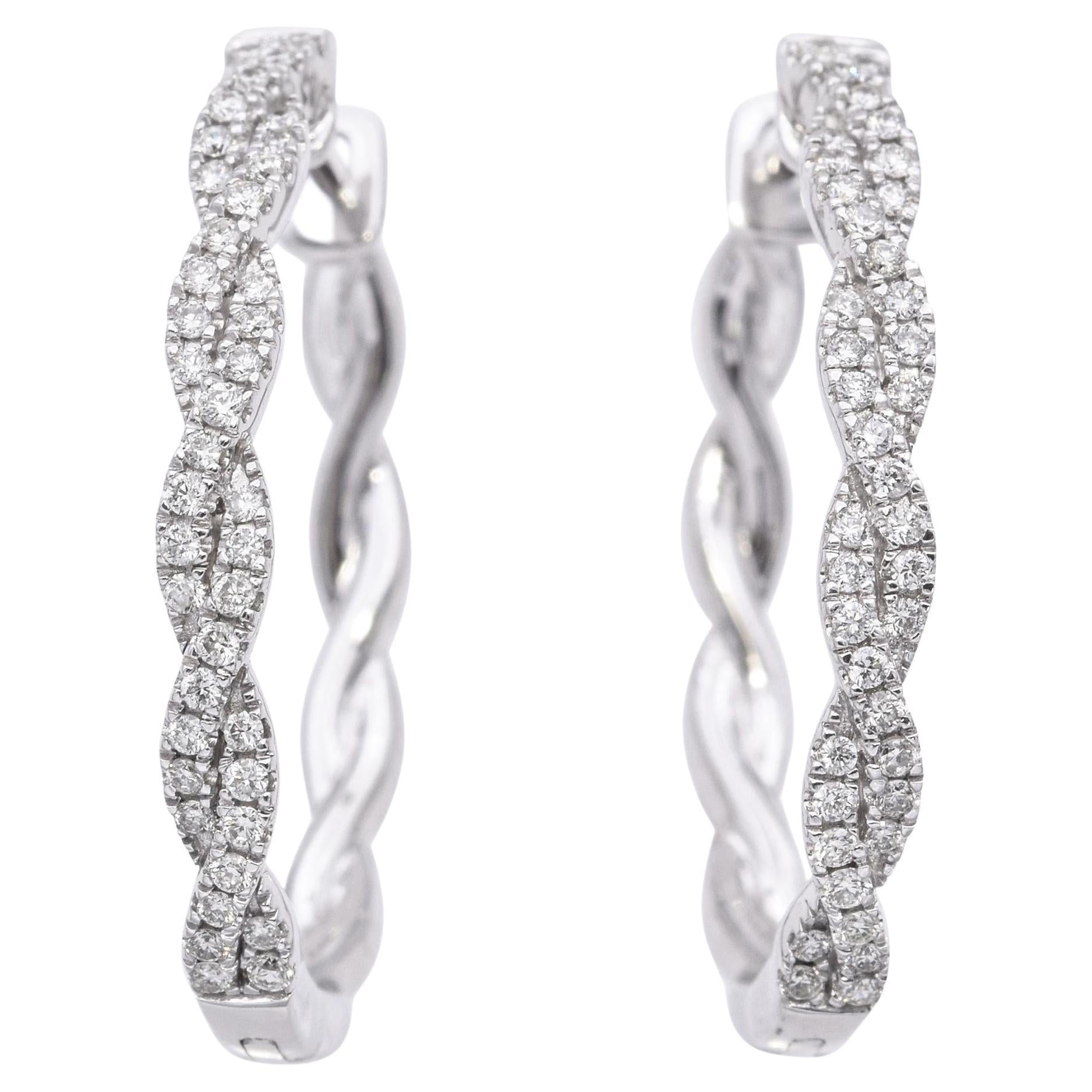 14k White Gold Diamond Braided Oval Hoop Earrings For Sale