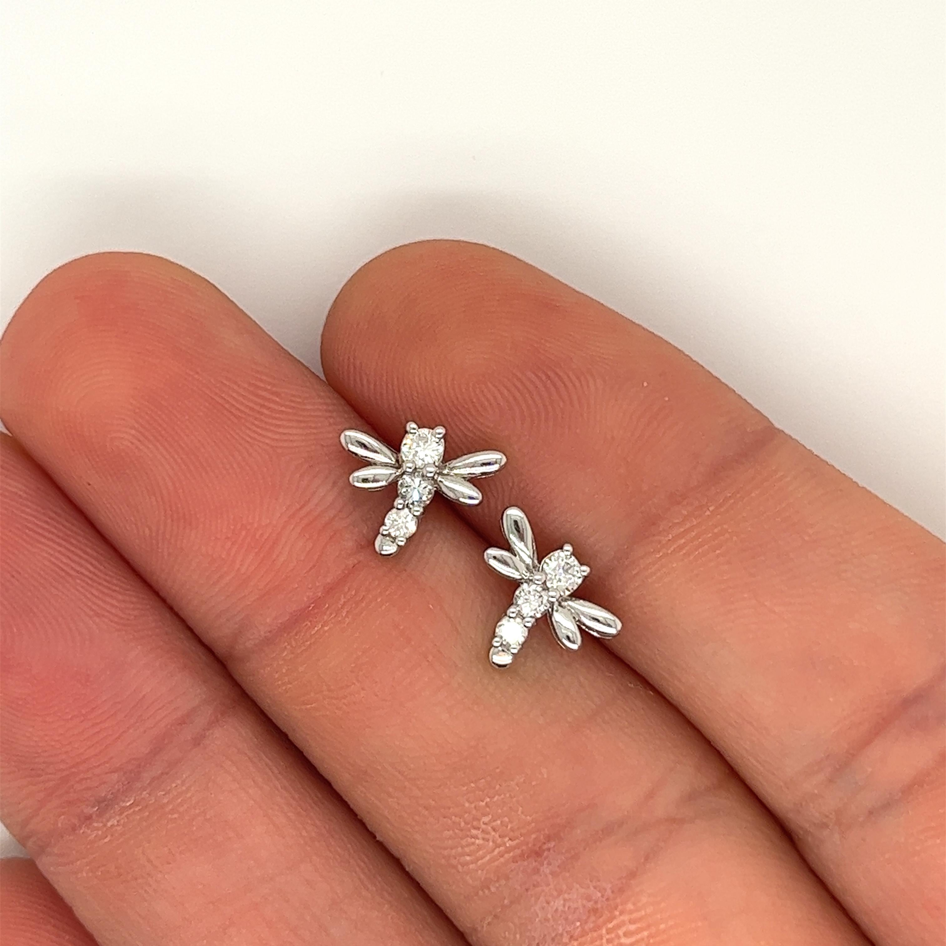 Round Cut 14K White Gold Diamond Dragonfly Shape Stud Earrings  For Sale