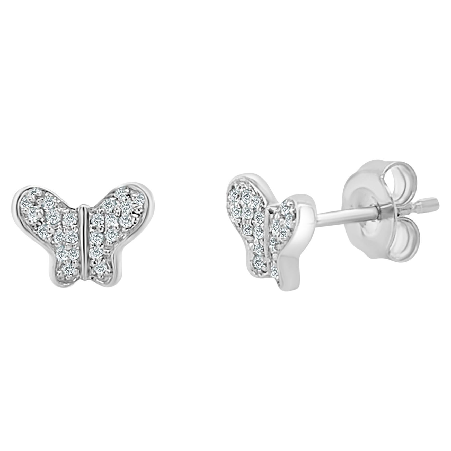 14K White Gold Diamond Butterfly Stud Earrings for Her For Sale