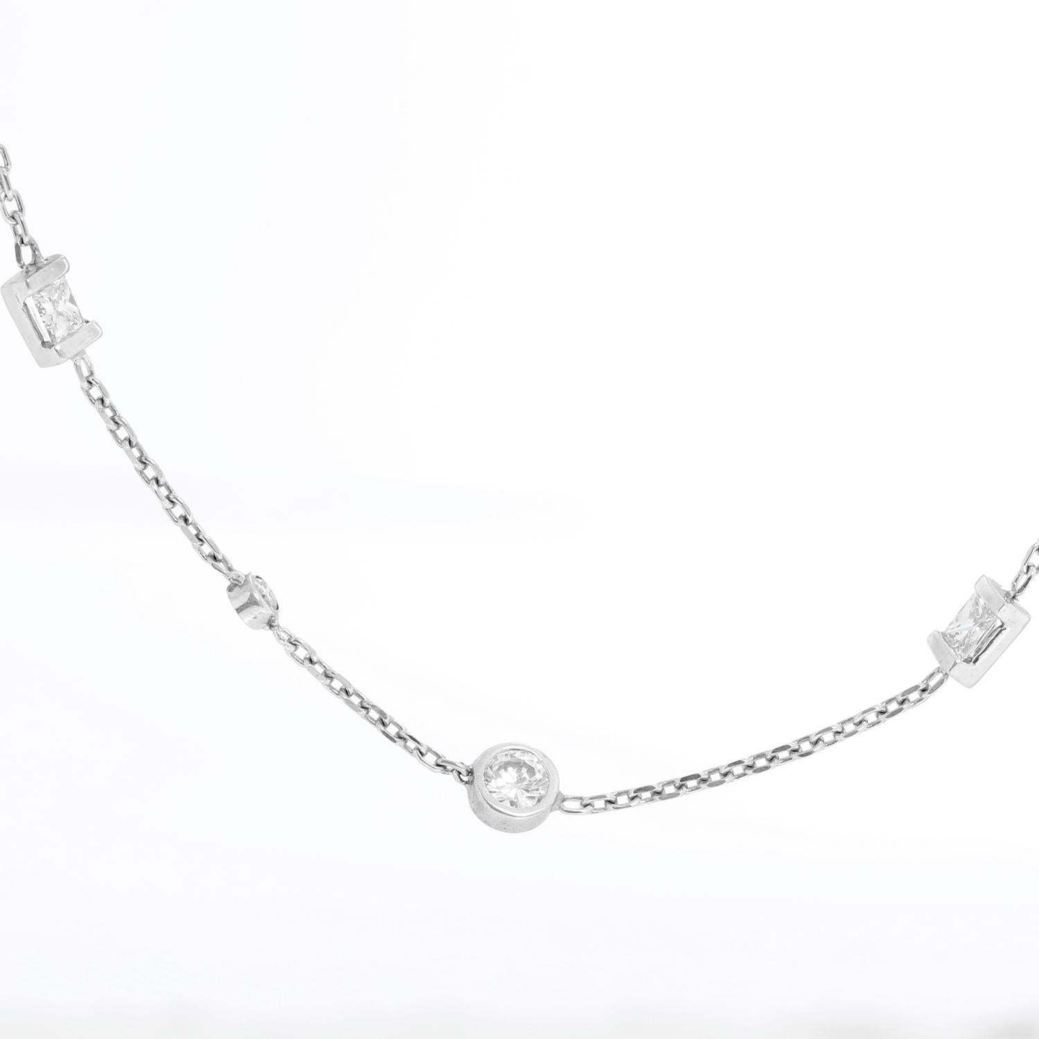 14K White Gold Diamond by the Yard Necklace - Round brilliant diamonds and Square brilliant diamonds. Weighing 2.9 carats. Colo Grade Near Colorless, Clarity SI. 
chain length 17 inches.