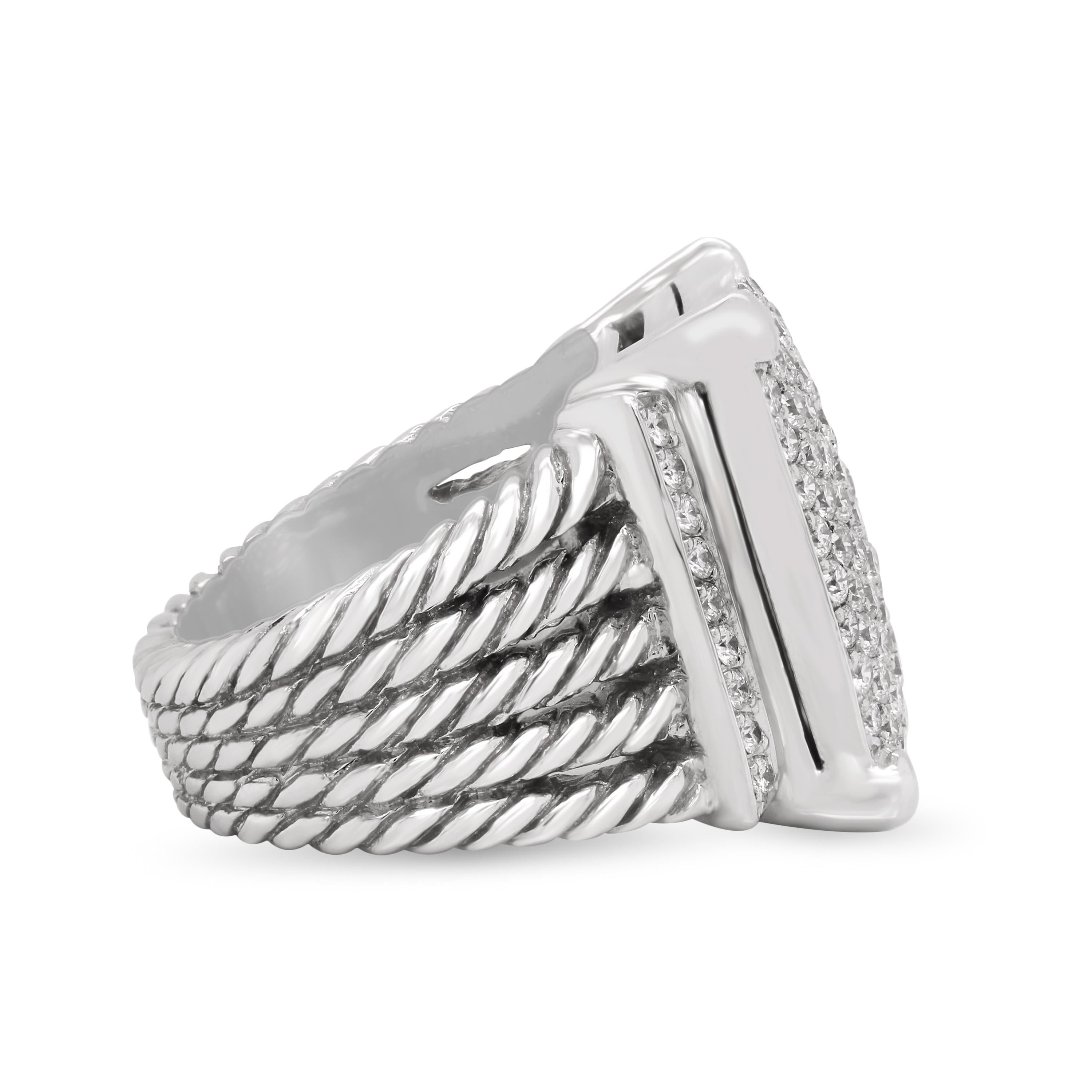 Round Cut 14k White Gold Diamond Cable Link Wide Band Large Unisex Ring
