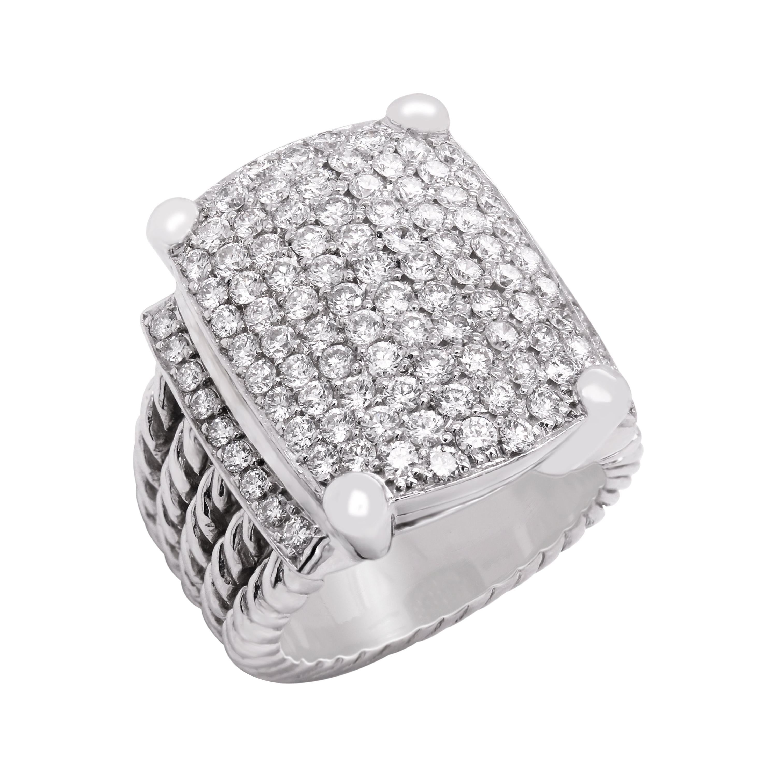 14k White Gold Diamond Cable Link Wide Band Large Unisex Ring