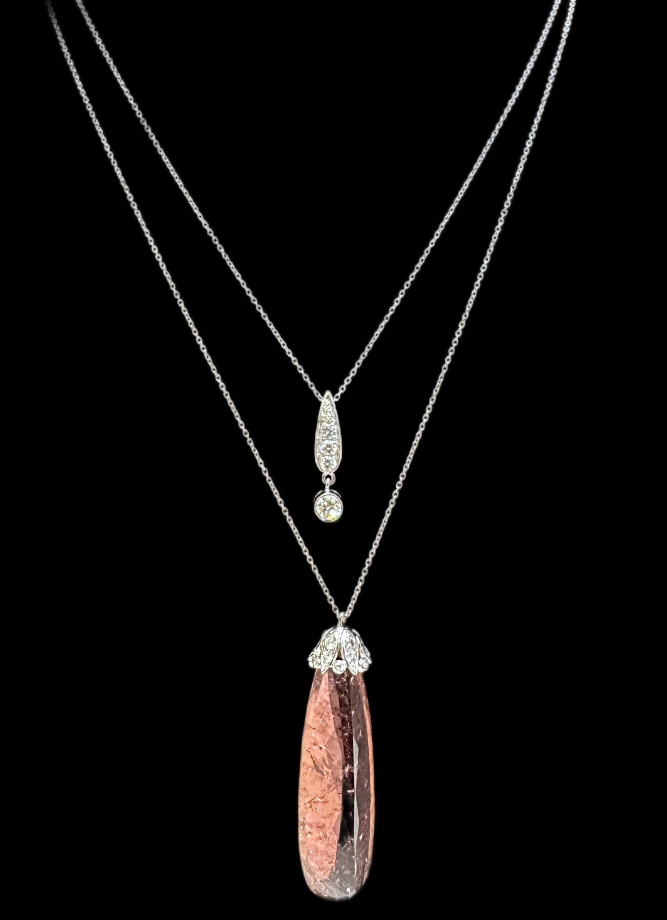 This diamond capped rose hued tourmaline necklace is the perfect alternative for those looking to shy away from the traditional red this Valentine's Day. 
