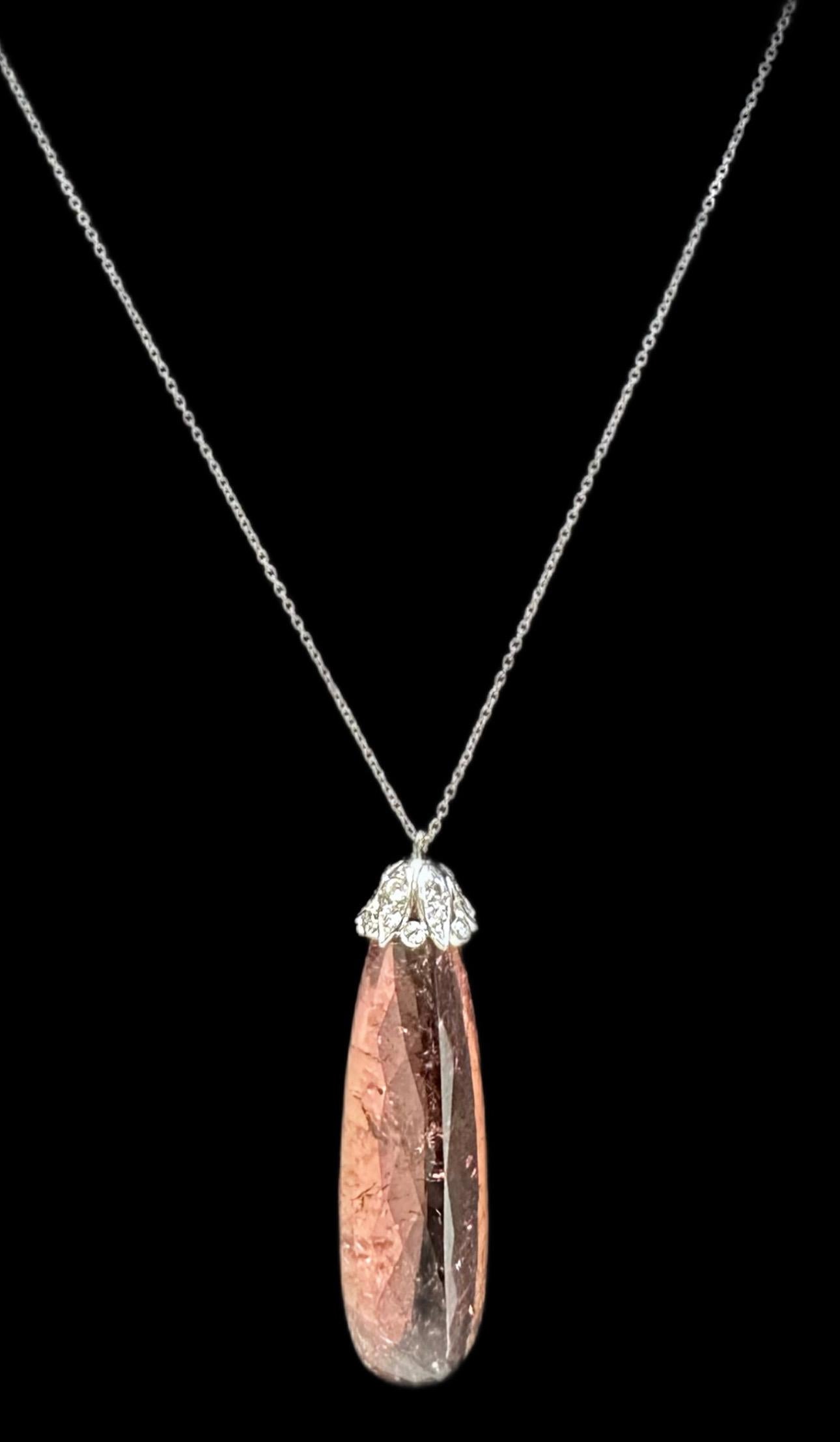 Pear Cut 14K White Gold Diamond Capped Rose Tourmaline Necklace For Sale