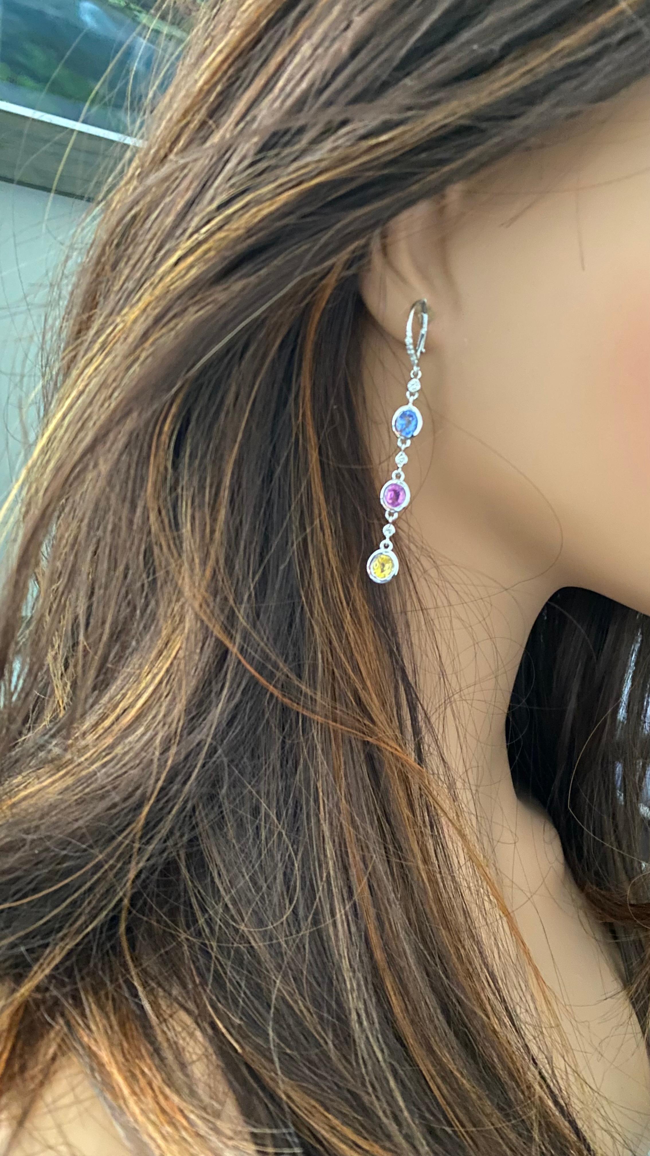 Modern 14K White Gold Diamond Ceylon Sapphire Multi-Color 2.6 Inch Hoop Drop Earrings For Sale
