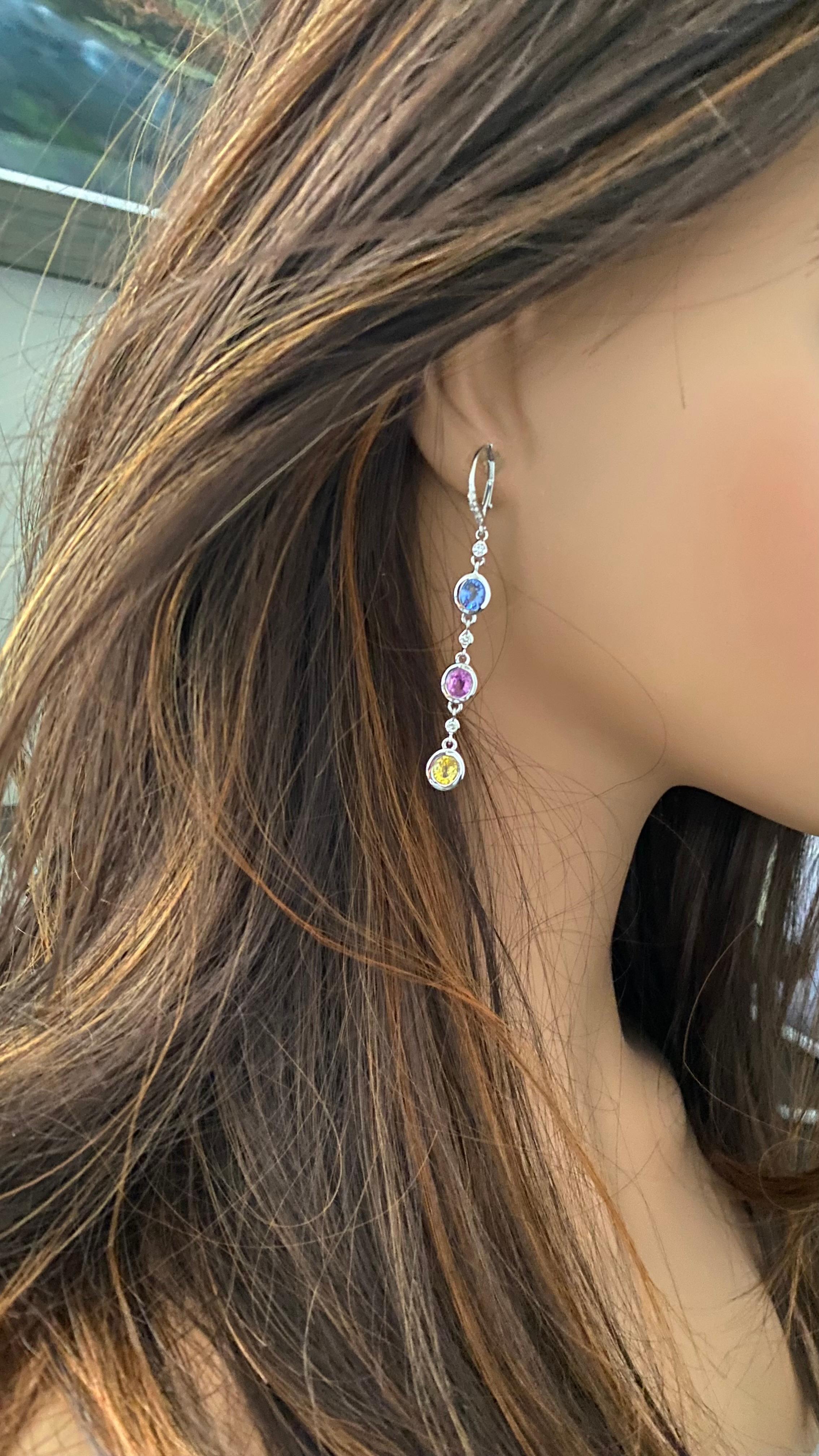 Antique Cushion Cut 14K White Gold Diamond Ceylon Sapphire Multi-Color 2.6 Inch Hoop Drop Earrings For Sale