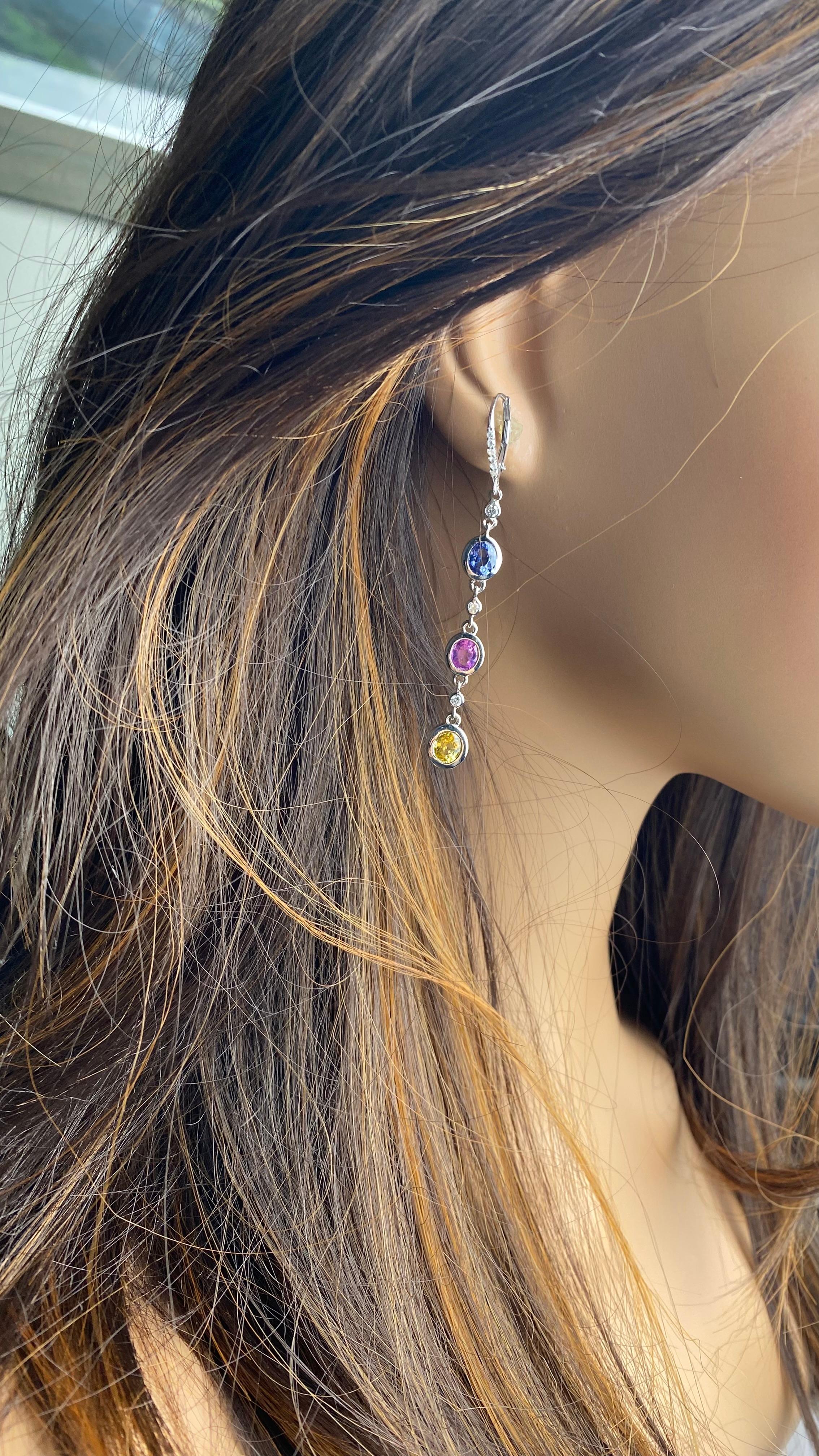 Women's 14K White Gold Diamond Ceylon Sapphire Multi-Color 2.6 Inch Hoop Drop Earrings For Sale