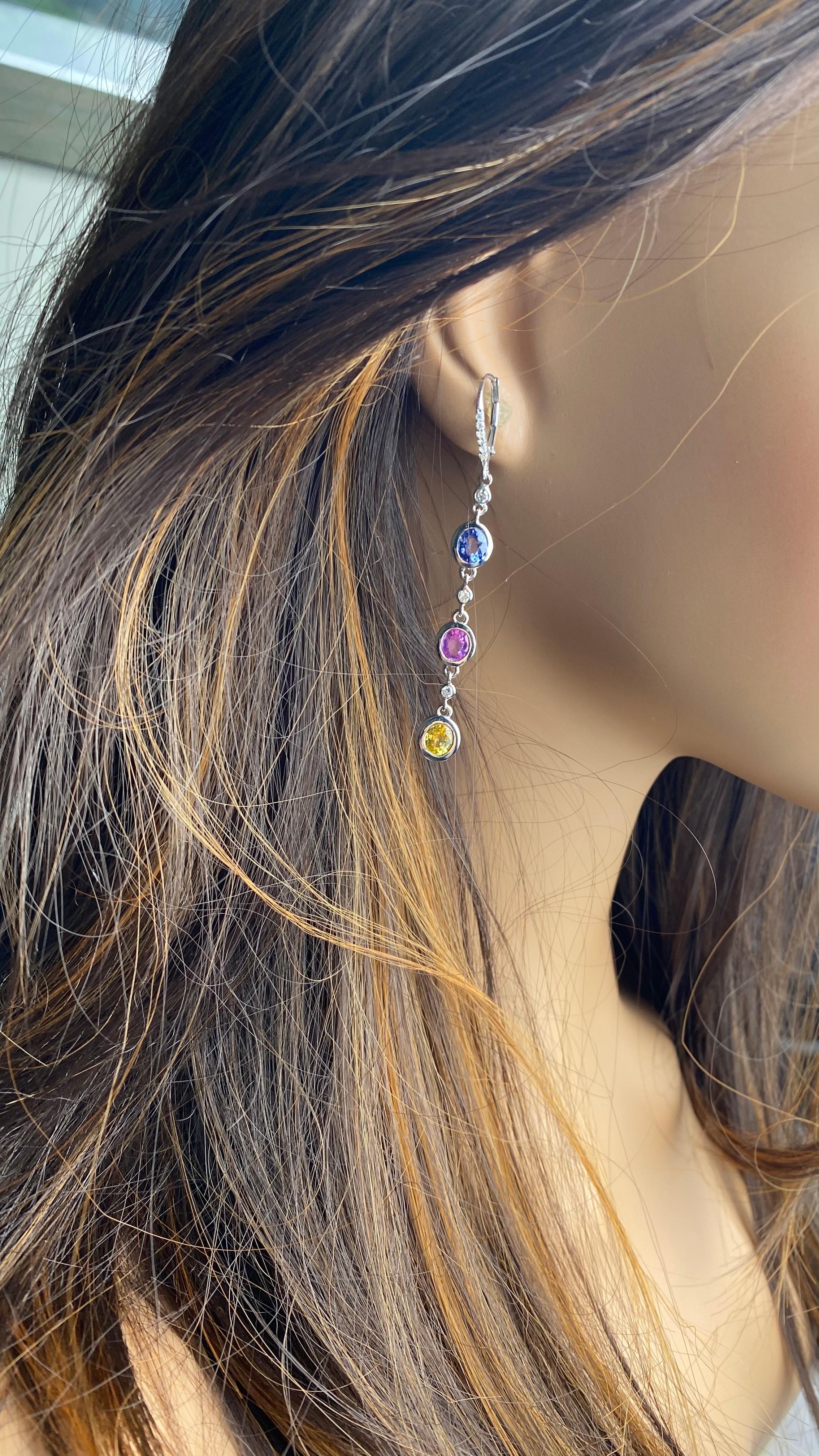 14K White Gold Diamond Ceylon Sapphire Multi-Color 2.6 Inch Hoop Drop Earrings For Sale 1