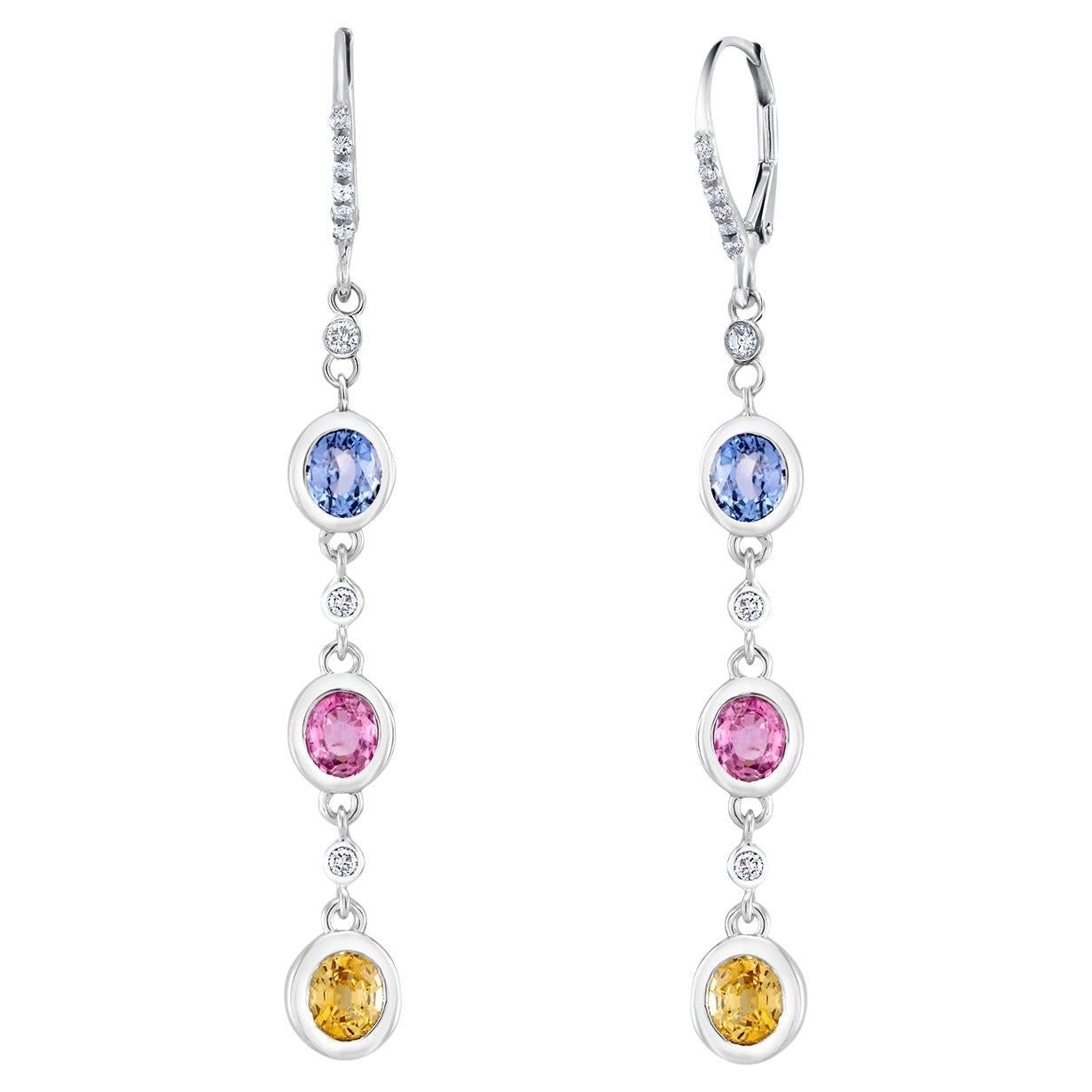 14K White Gold Diamond Ceylon Sapphire Multi-Color 2.6 Inch Hoop Drop Earrings
