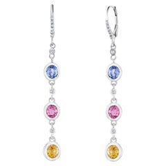 14K White Gold Diamond Ceylon Sapphire Multi-Color 2.6 Inch Hoop Drop Earrings