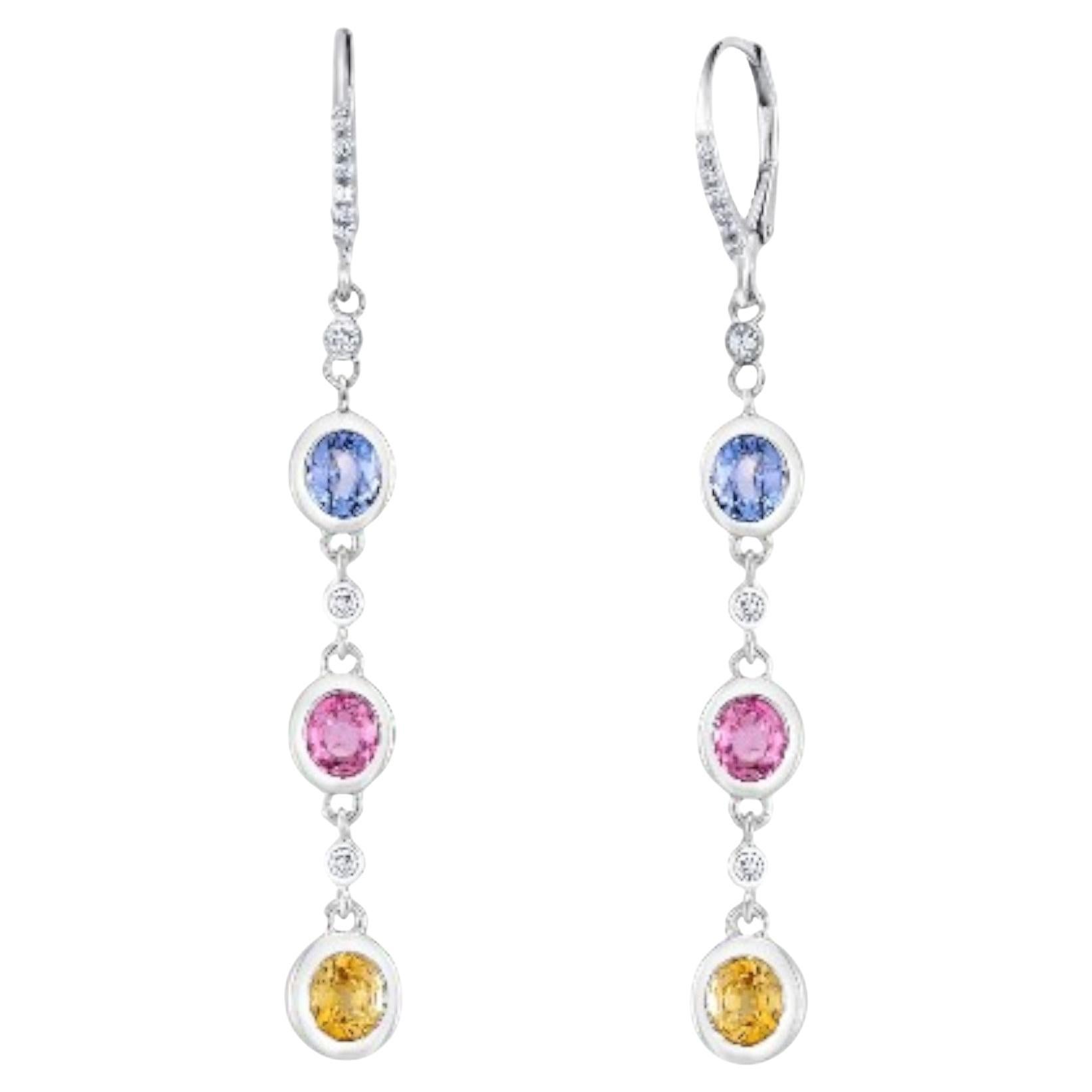 Boucles d'oreilles pendantes en or blanc 14 carats avec saphir de Ceylan multicolore de 2,6 pouces