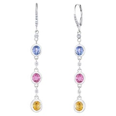 Boucles d'oreilles pendantes en or blanc 14 carats avec saphir de Ceylan multicolore de 2,6 pouces
