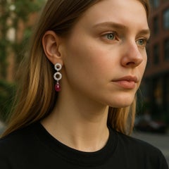 14K White Gold Diamond Circle Drop Earrings with Rare Ruby Briolettes